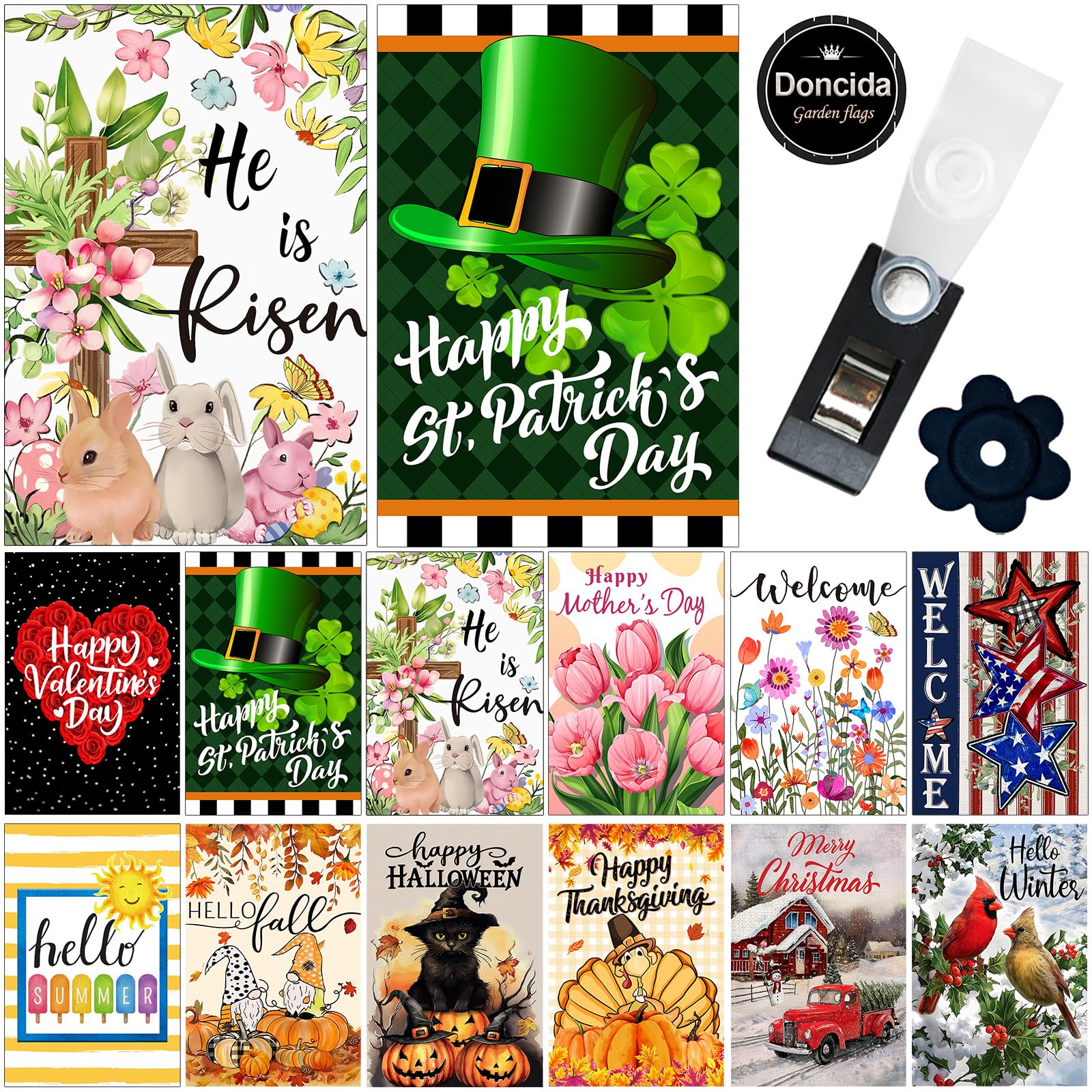 Doncida Seasonal Garden Flag Set of 12 Double Sided 12x18 Inch, Holiday Valentines Day St Patricks Day Garden Flag for Outside, Small Yard Flags for the Entire Year, with Free Anti-Wind Clip and Stopper