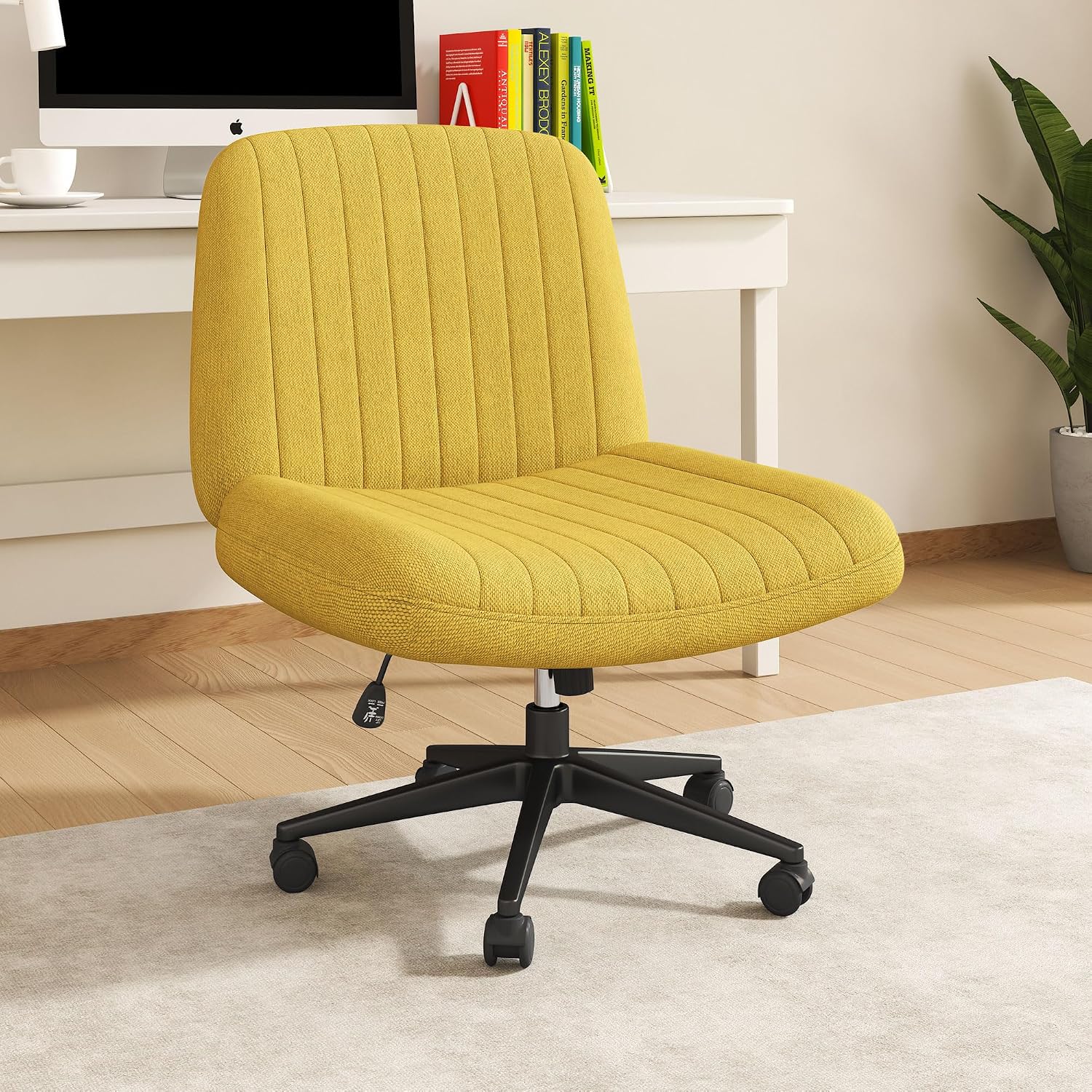 Shintenchi Criss Cross Chair,Cross Legged Office Seat with Wheels Armless Swivel Vanity Chair,Height Adjustable Wide Computer Task Seating for Home Office,Yellow