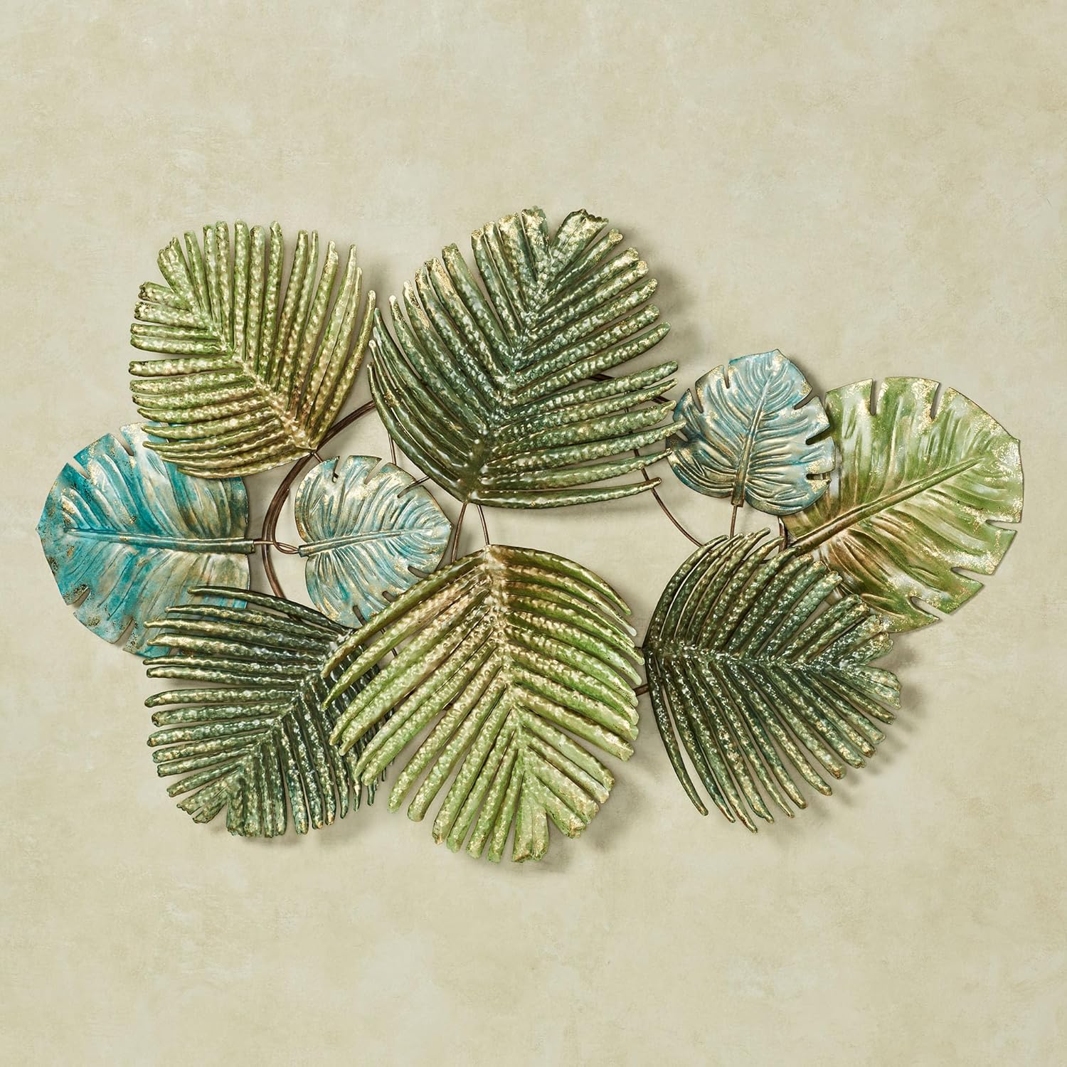 Touch of Class Tropical Leaf Collage Metal Wall Art | Textured Green Palm Leaves with Gold Accents | Large 36.5 Inch Exotic Nature-Inspired Wall Sculpture