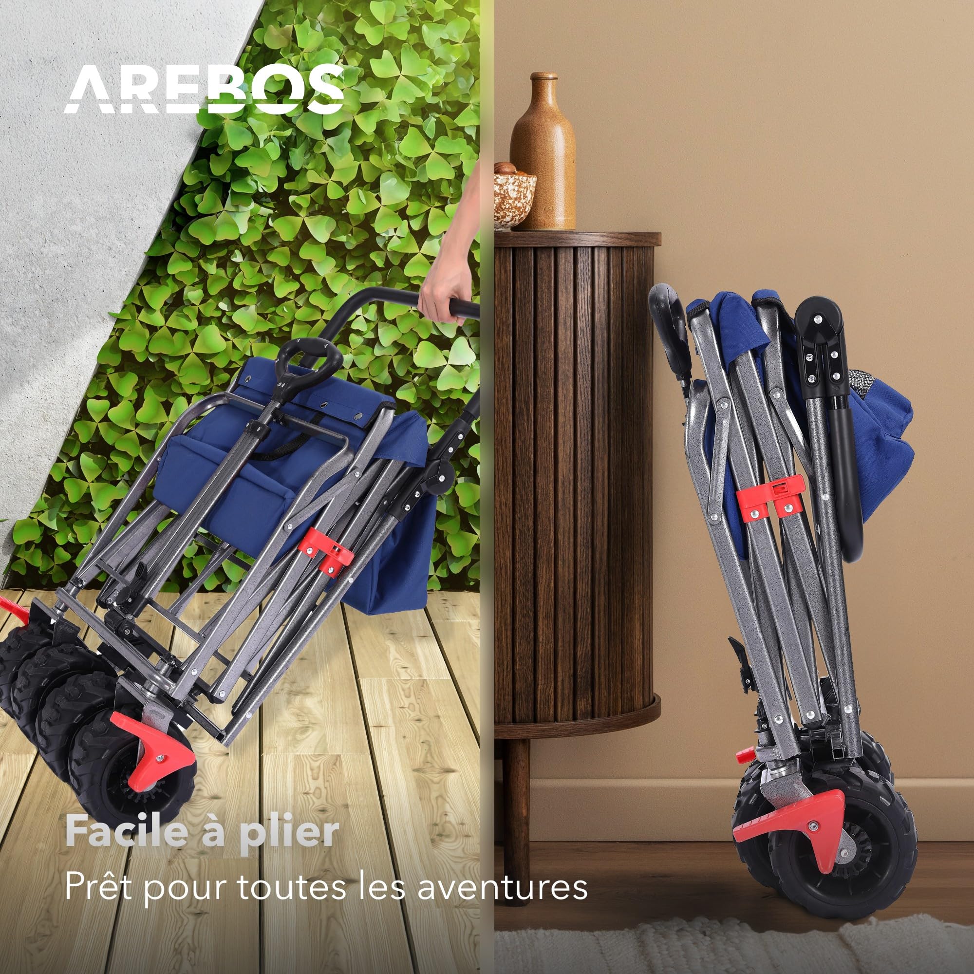Arebos Chariot de Transport Pliable | Chariot à Main | Diable de Transport Chariot d'outillage avec 2 Poches en Filet et Une Poche extérieure | Pliable | Jusqu'à 100 kg de capacité de Charge | Bleu