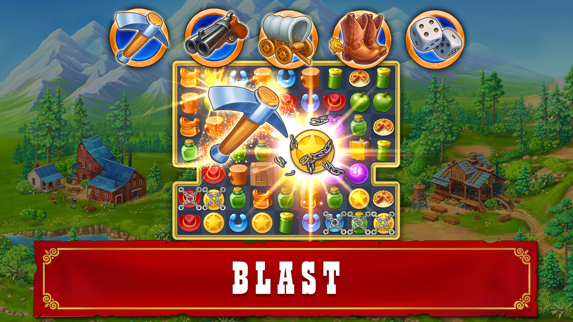 Jewels of the Wild West Match 3 Game Blast gems & build the cowboy