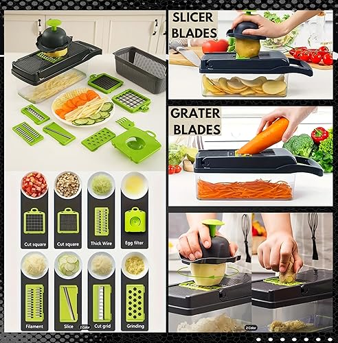 Miniatura 3 de Picadora de verduras y espiralizador profesional 16 en 1  Picadora de alimentos de varias cuchillas con recipiente, picadora de cebolla, cortador de