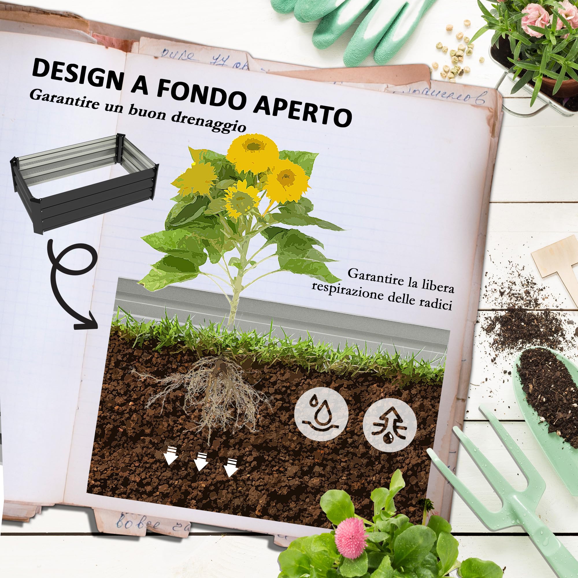 Outsunny Set di 2 Letti per Orto Rialzato con Fondo Aperto, Cassoni per Orto in Acciaio Galvanizzato per Fiori e Piante, 100x60x30cm, Grigio