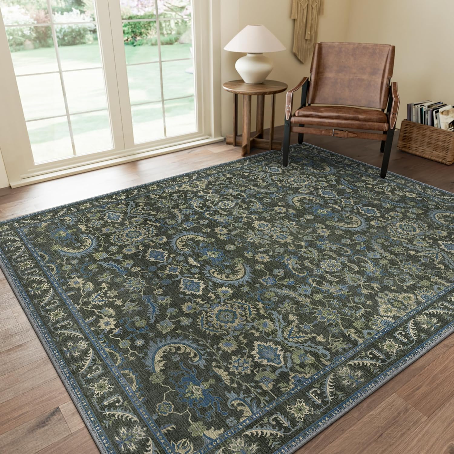 GENIMO Washable Area Rugs for Living Room Bedroom, 8×10 Boho Vintage Non Slip Rug, Low Pile Soft Floral Indoor Floor Carpet Cover for Dining Room Kitchen, Blackish Green