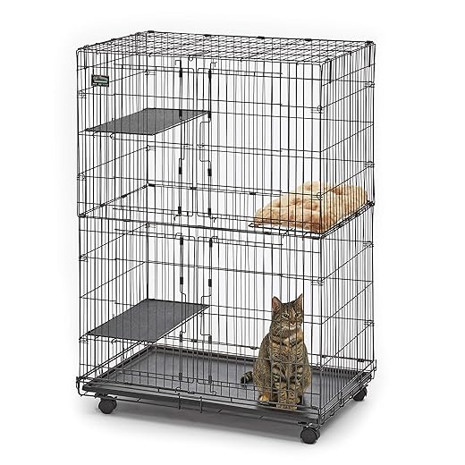 MidWest Homes for Pets Folding Metal Indoor Cat Playpen, Cage Includes Locking Wheels, 3 Platforms, Removable Tray, Plush Bed, Suited for 1–3 Cats