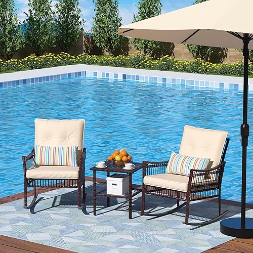 Miniatura 2 de DECMICO - Juego de muebles de patio de 3 piezas, juego de sillas mecedoras de mimbre, juego de bistró con mesa de café, juego de conversación para