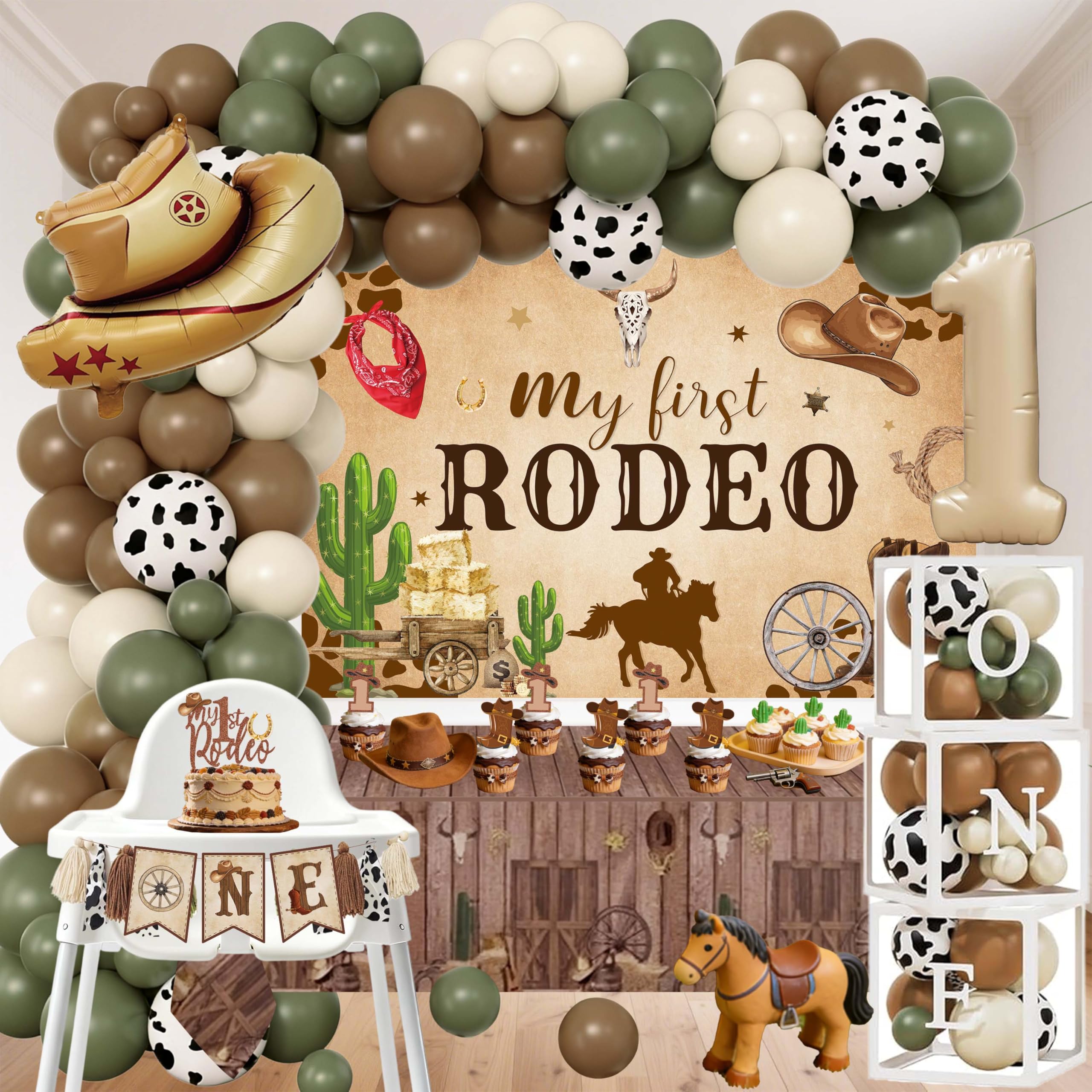 Western 1st Birthday Decorations for Boy - My First Rodeo Birthday Party Supplies with Sage Green Balloon Garland Arch, Backdrop, 3 ONE Boxes, High Chair Banner - Cowboy Theme One Year Old Decor Kit