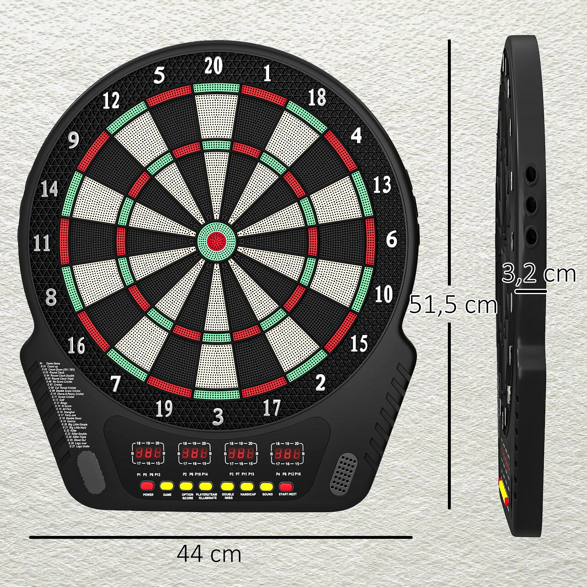HOMCOM Cible Jeu de flechettes électronique Professionnel 27 Jeux 243 Variations - Fléchettes pour 1 à 16 Joueurs, 6 fléchettes et 24 Pointes Souples, Convient pour Les fêtes et Les soirées de Jeu