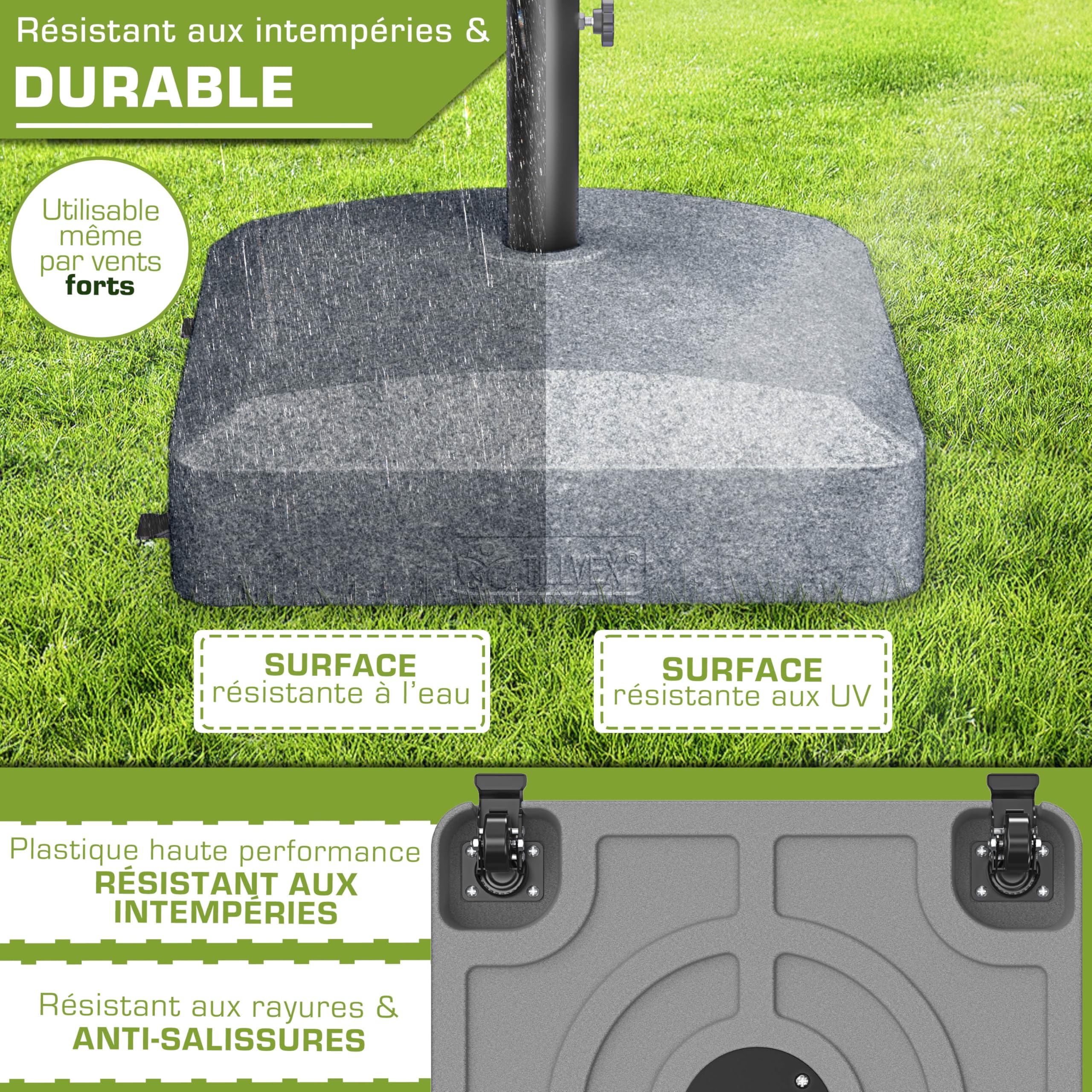 tillvex® Pied de parasol PAVERA à roulettes et freins | Support de lestage parasol à remplir 37L/56kg | Poids pour parasol droit et de marché Ø1,8-3,7m | Résistant aux intempéries et UV (Effet Granit)