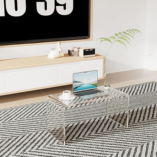 Miniatura 7 de Mesa auxiliar rectangular de acrílico transparente de 32 pulgadas para sala de estar, mesa baja de cascada transparente de mediados de siglo, mesa