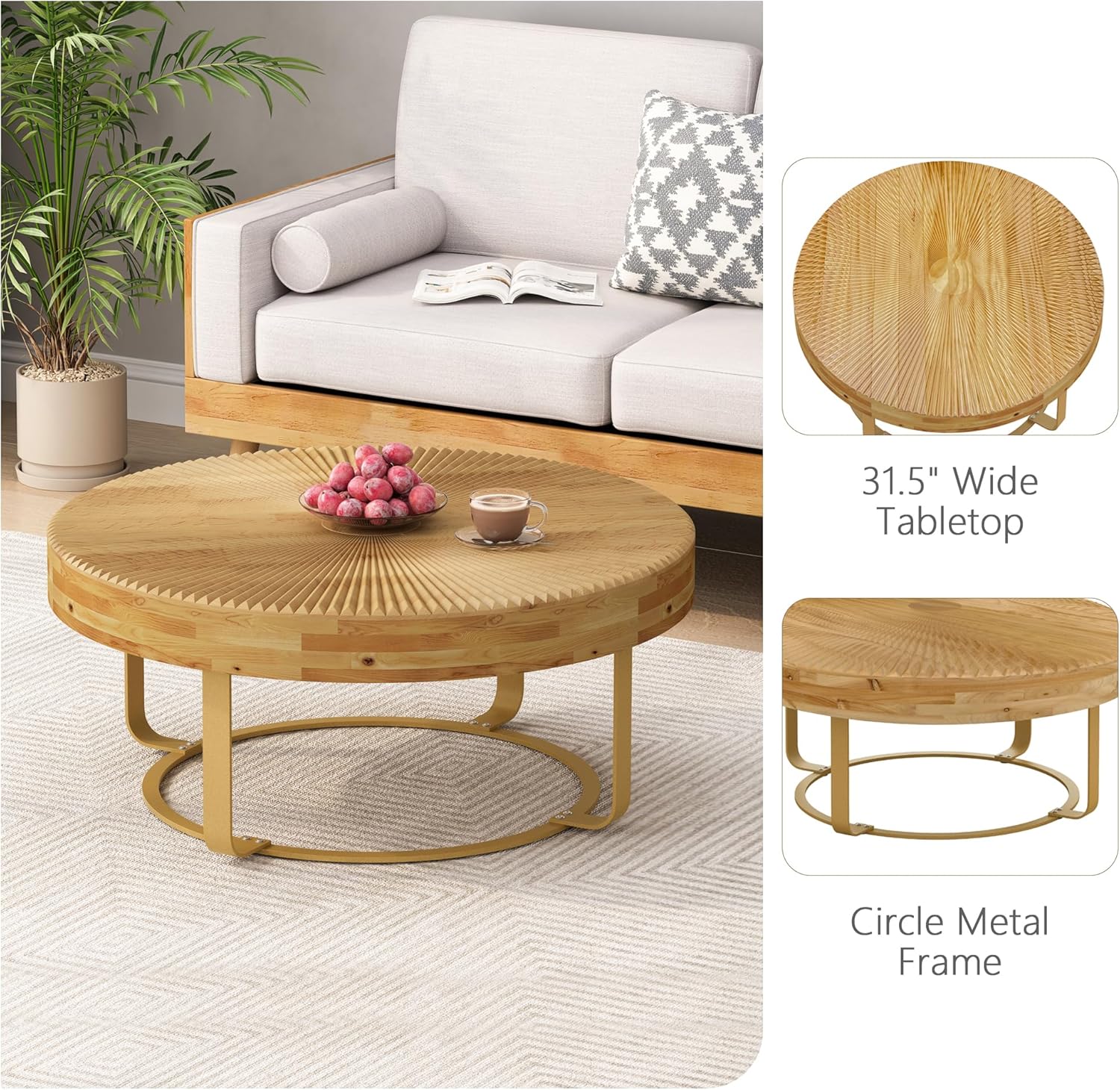 Setawix Farmhouse Round Coffee Table for Living Room, Small Side End Table, Wood Radial Pattern Rustic Gold Coffee Table, Modern Accent Coffee Table Entry Way Table with Metal Leg, Gold