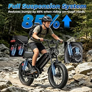 Jasion Electric Bike for Adults Teens YR16, Peak 1000W Electric Bicycle, 48V 12.5AH Battery Dirt Bike with Dual Suspension & Cruise Control, 16 Fat Tire 55 Miles Moped EBike Fit Teenagers & Adults
