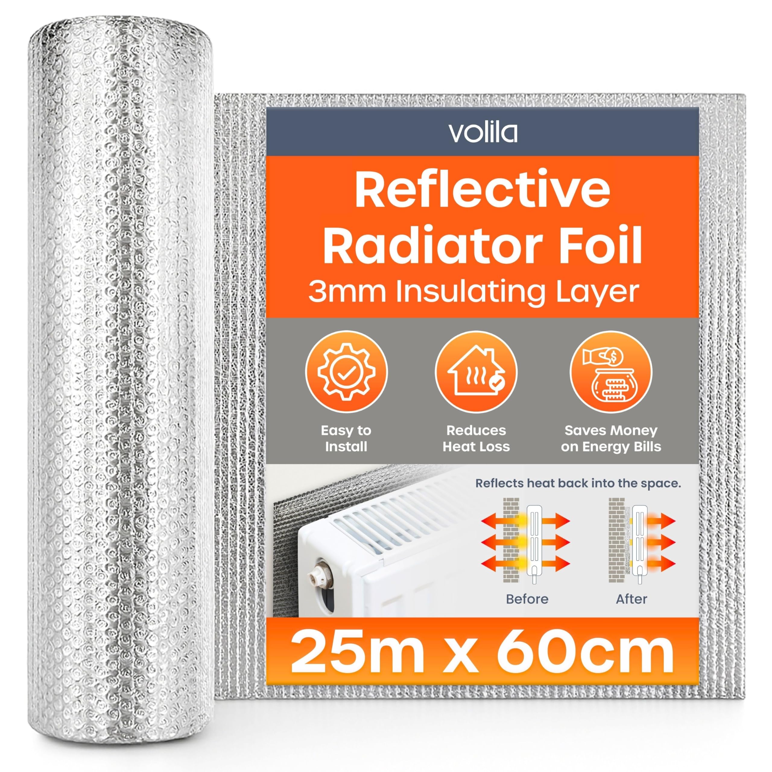 Radiator Foil Insulation Roll 25m x 60cm - 1 Pack Radiator Reflector Panels for Enhance Heat Efficiency - Energy Saving Radiator Heat Deflector for Home Heating