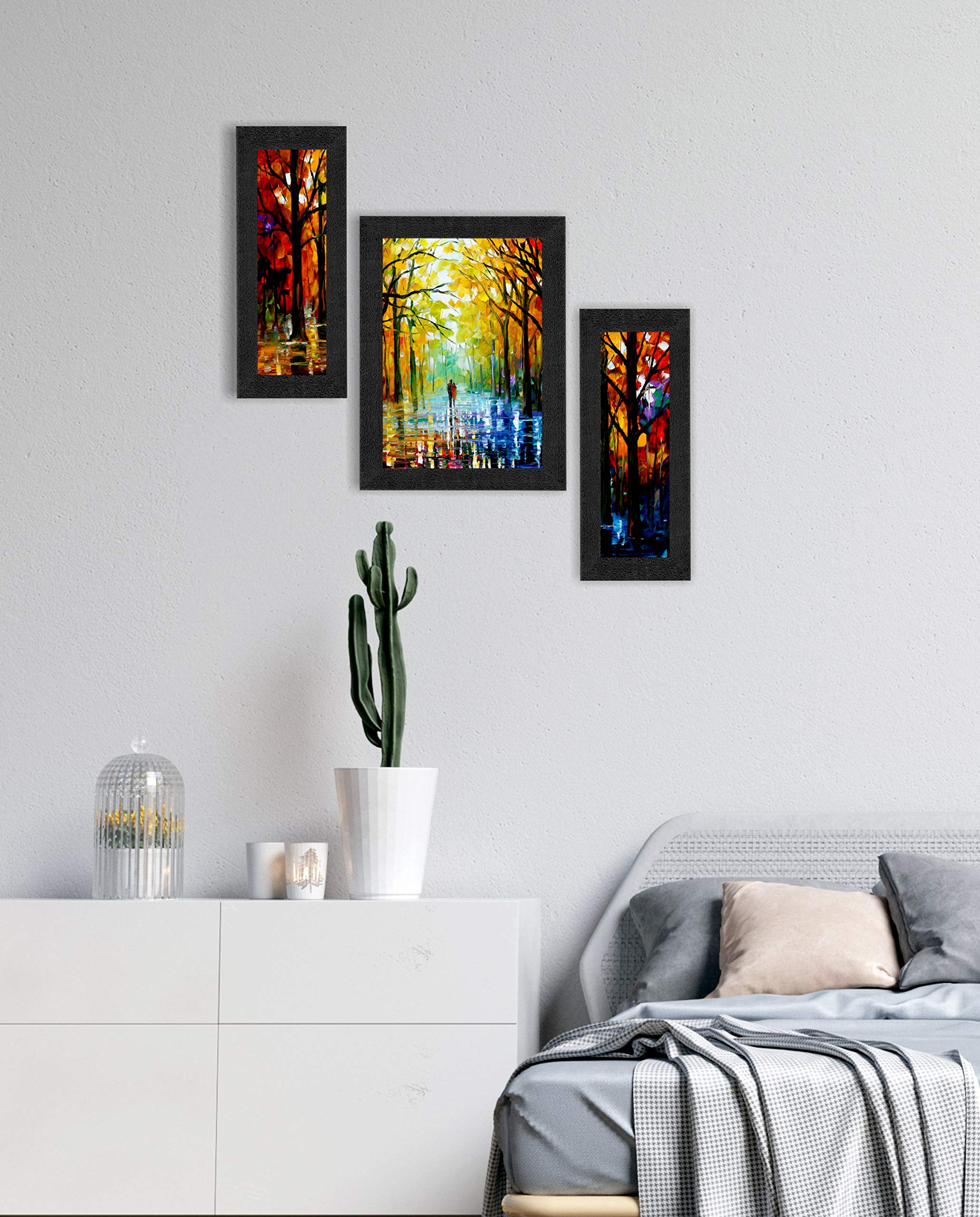 SAF paintings Set of 3 Walking Couple in Forest Watercolor UV Coated Home Decorative Gift Item Framed Painting 13.5 inch X 22.5 inch SANFSAA9201-Multicolour
