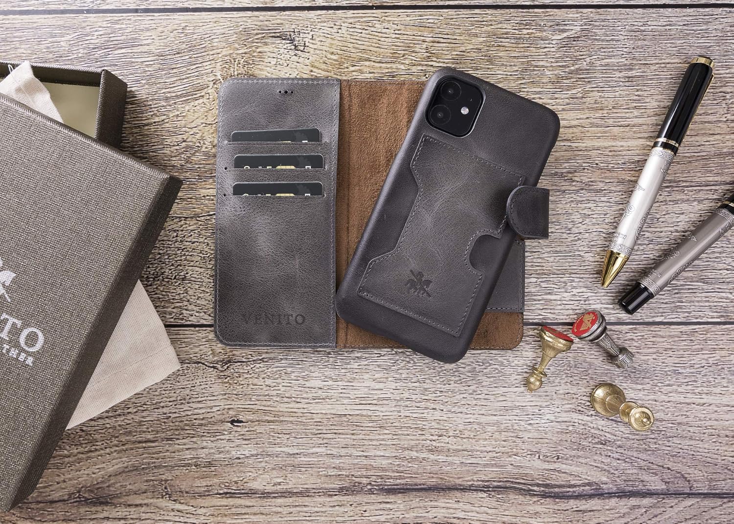 Venito Florence Leather Wallet Phone Case Compatible with iPhone 11 - Extra Secure with RFID Blocking - Detachable Phone Wallet - Faded Gray