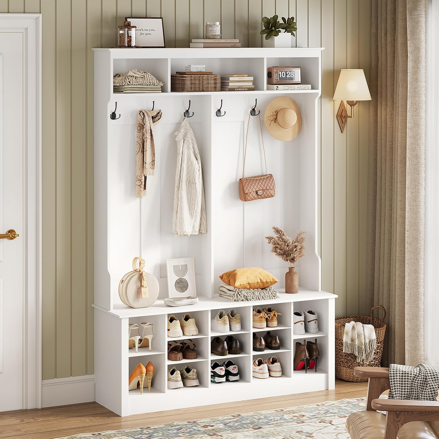 Hall Tree with Bench and Shoe Storage, 53" Farmhouse 4-in-1 Mudroom Storage Organizer with Coat Rack, 6 Hooks, 12 Shoe Cubbies, Adjustable Shelf, for Entryway, Hallway, Living Room, White