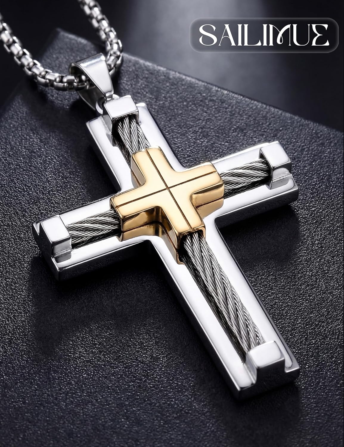 sailimue Cross Necklace for Men Stainless Steel Cross Pendant Necklace Silver Black 14K Gold Plated Unique Square Rolo Chain Crucifix Necklaces Religious Christian Jewelry Gifts for Men 22 24 Inches