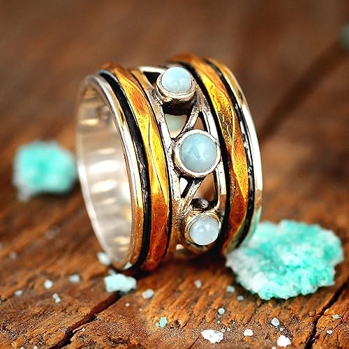 Miniatura 5 de Boho-Magic Anillo giratorio Larimar de plata de ley 925 para mujer con bandas giratorias de latón, Metal no precioso Piedra preciosa, larimar
