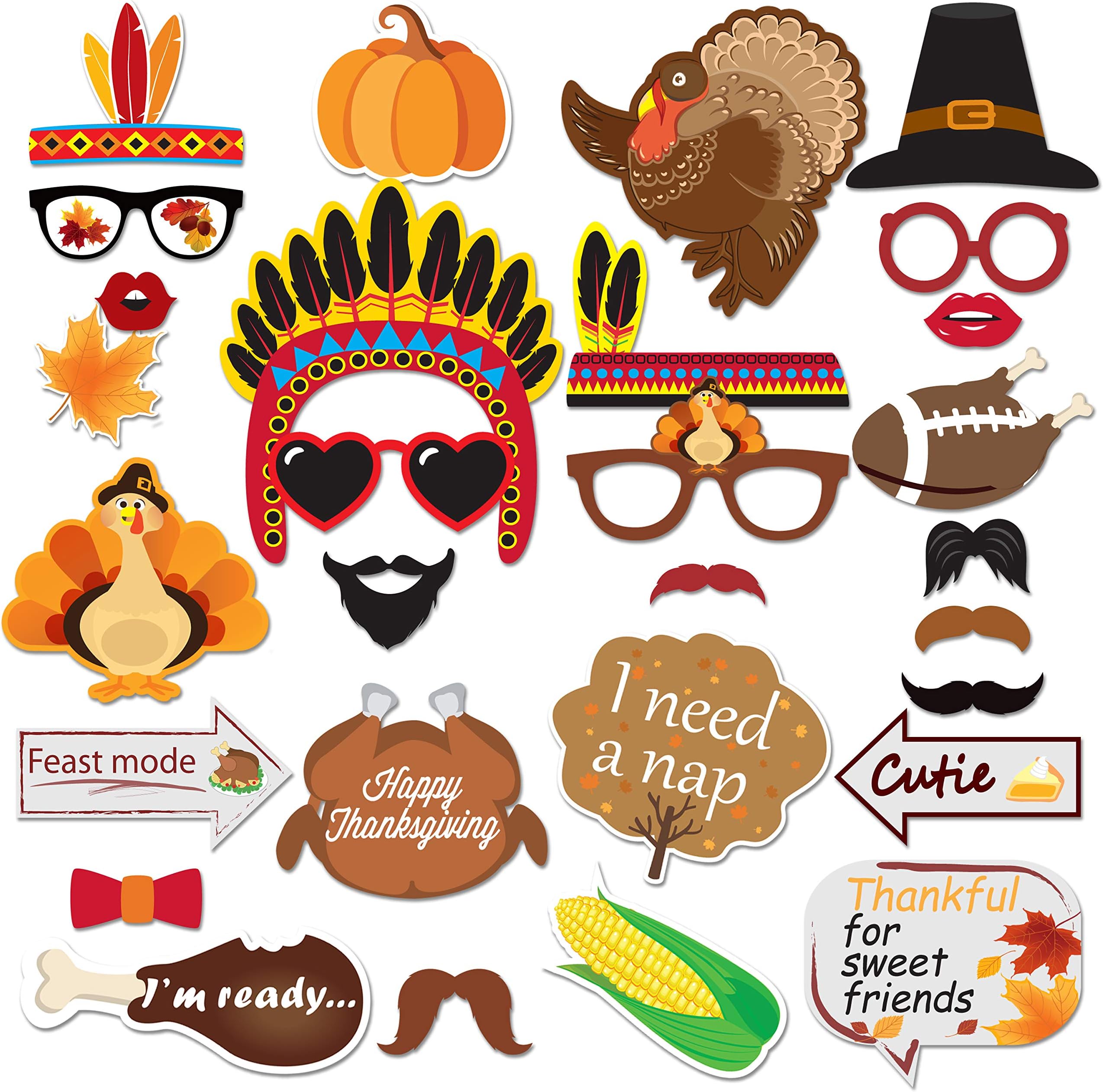 40PCS Thanksgiving Day Photo Booth Props Colorful for Festival Party Supplies, Turkey Creative Thanksgiving Decorations Kit