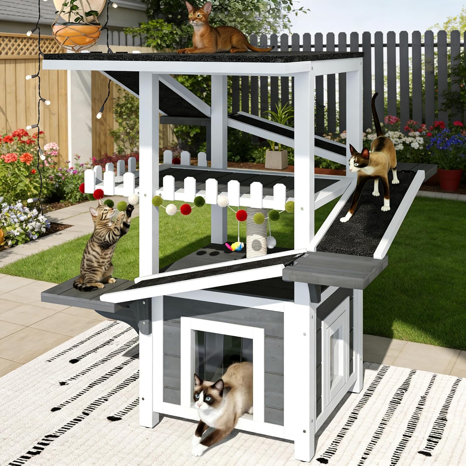 4 Tiers Outdoor Cat House Weatherproof Cat Tree Tower with Waterproof Roof and 2 Doors, Feral Cat Shelter Outside Enclosure, Multi-Level Play Zones for Small Animals, Grey & White