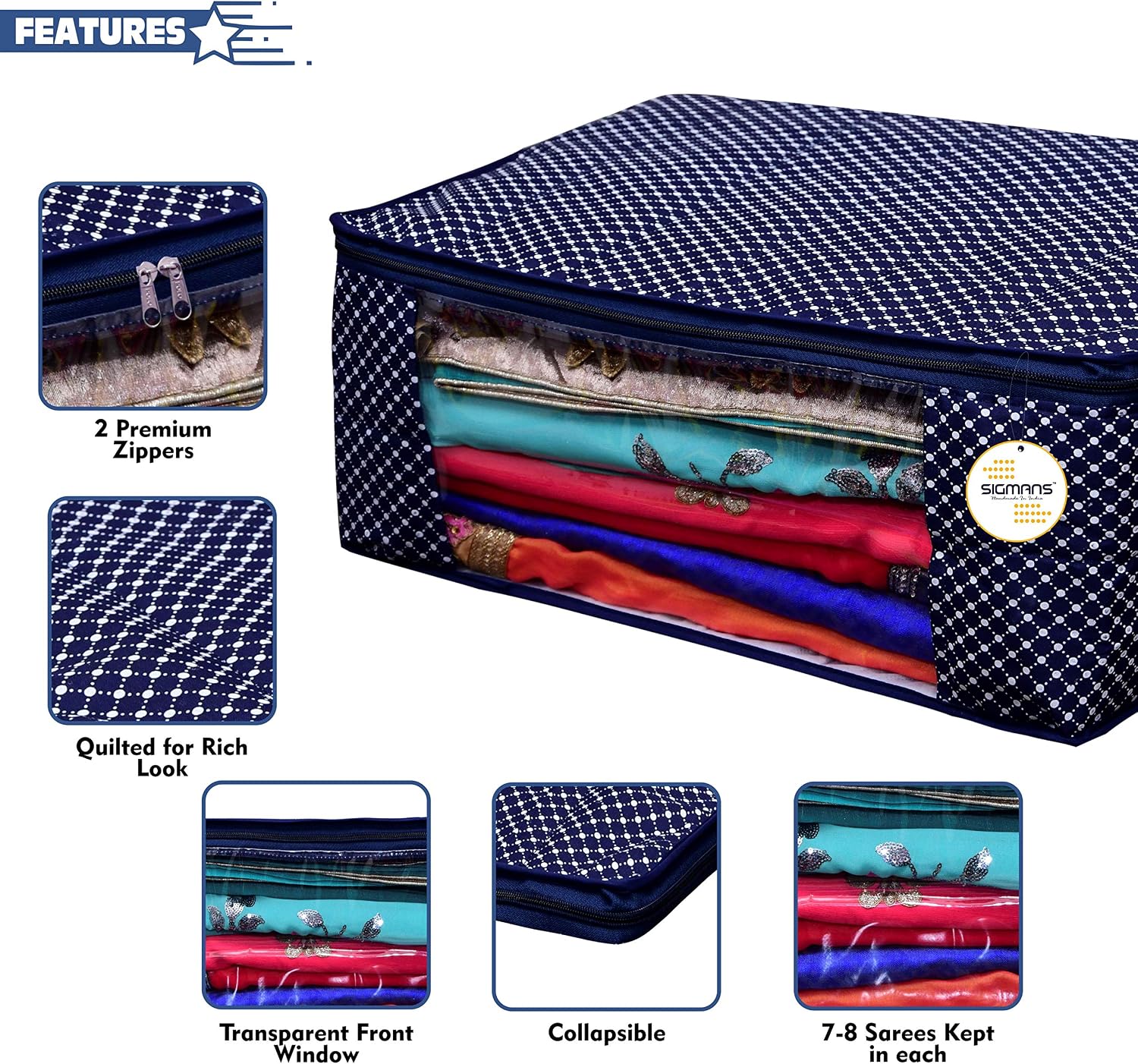 Sigmans Presents 3 Layered Cotton Quilted Large Saree Cover Bag/Wardrobe Organiser with Transparent Window - Navy Blue - Pack of 3