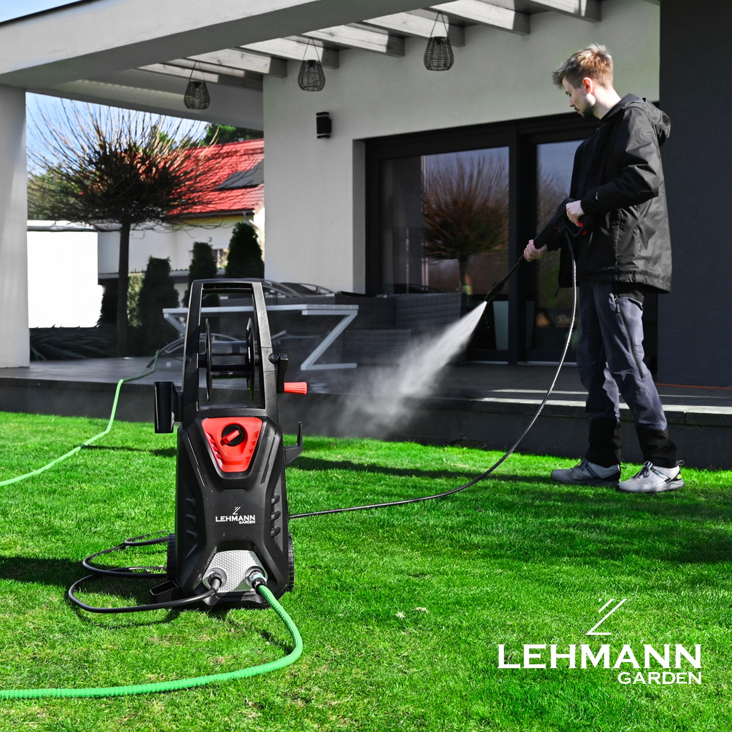 LEHMANN Hudson Hochdruckreiniger mit Aluminiumpumpe, 1800 W, max. 220 bar Druck, 450 l/h Fördermenge, Zubehör - Terrassenbürste, Schaumsprüher, Felgenbürste, Ideal als Auto Hochdruckreiniger