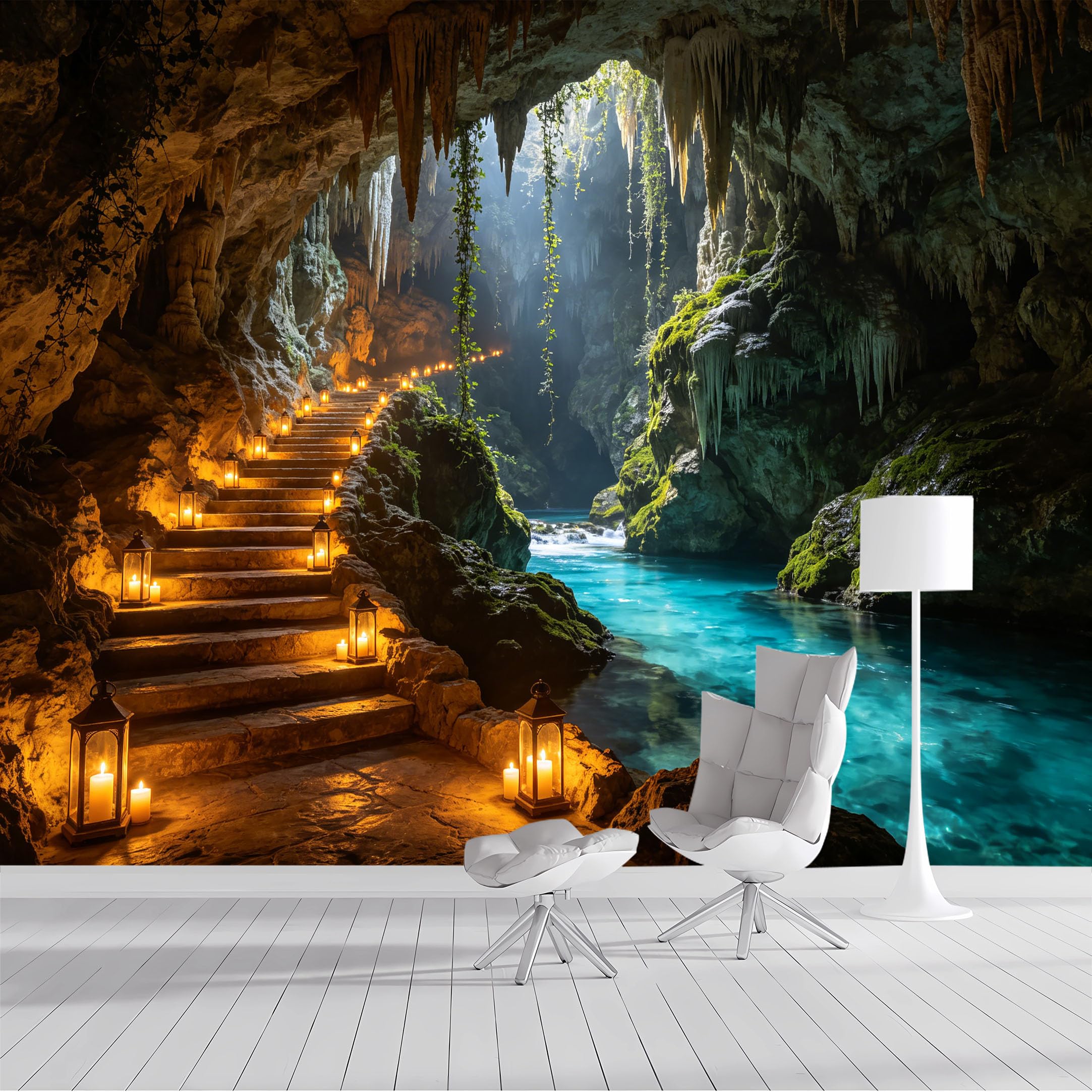 Custom Size Wall Mural Mystic Cave Lantern Path Underground River Landscape Realistic 3D Effect SelfAdhesive Wall Fabric Removable Peel and Stick Wallpaper for Living Room Bedroom Bathroom