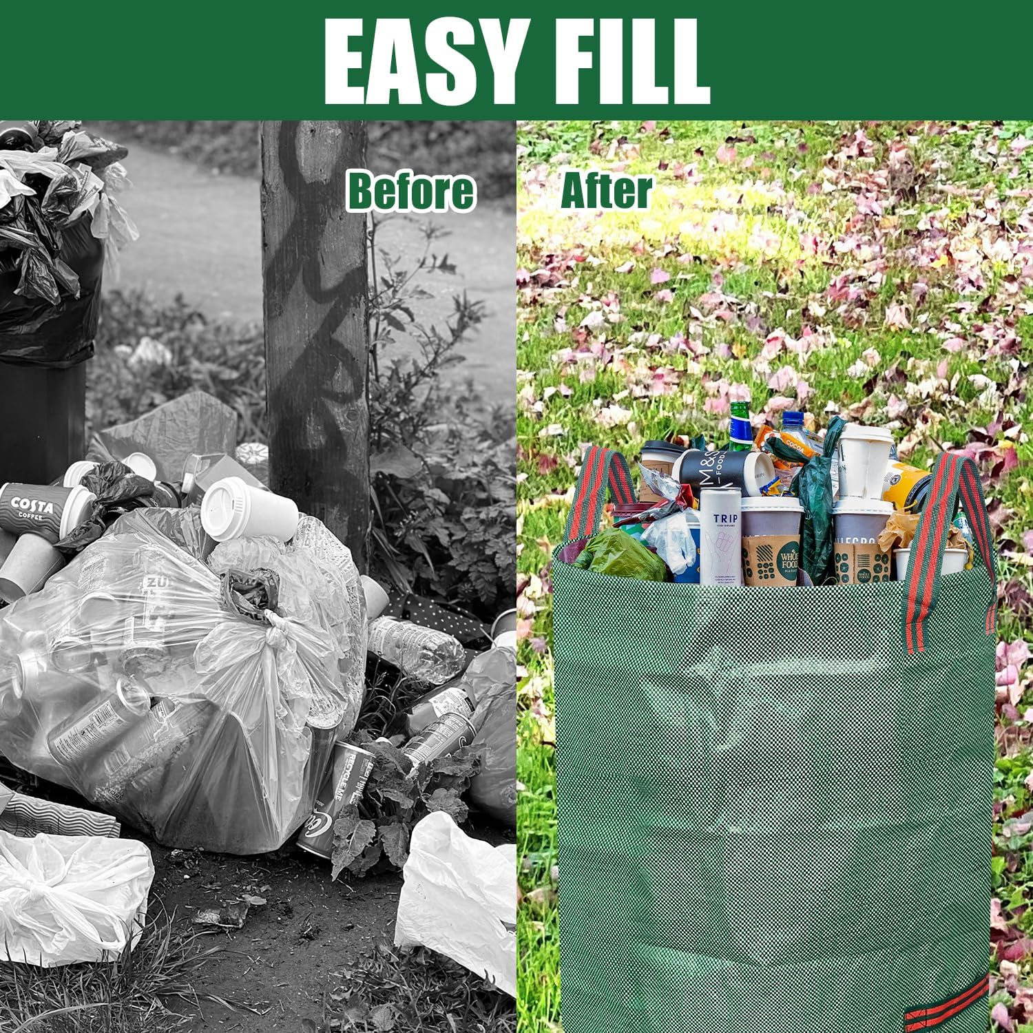 4 Pack 72 Gallon Reusable Yard Waste Bags with Four Handles, Collapsible Lawn Pool Garden Leaf Waste Bag for Clean Up Outdoor Debris Leaves Grass Clippings image 5