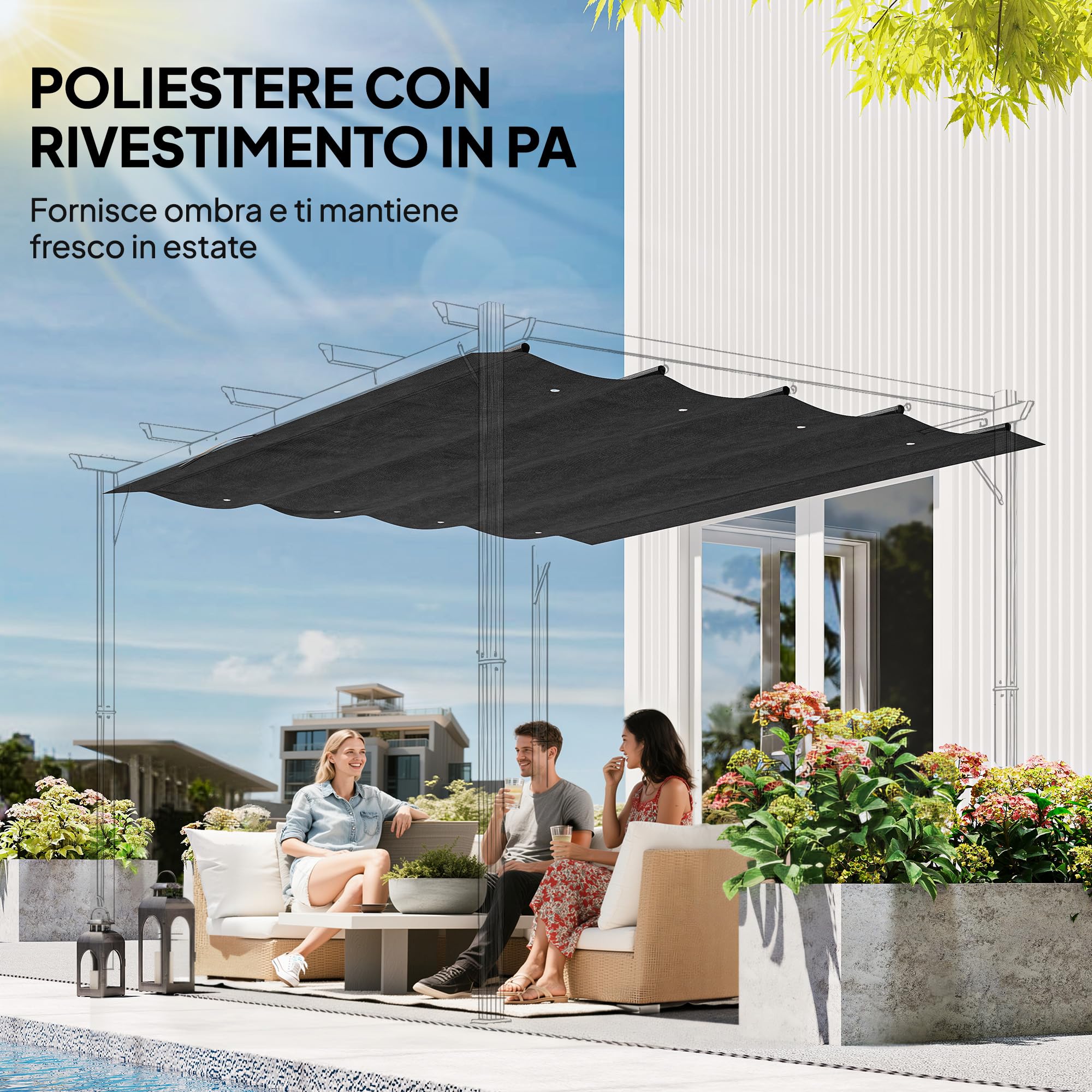 Outsunny Copertura Retrattile per Gazebo Pergola con 8 Fori di Drenaggio, Tetto per Gazebo SOLO in Poliestere UV30+, 286x245 cm, per Pergola da 3x2.15m, Grigio Scuro