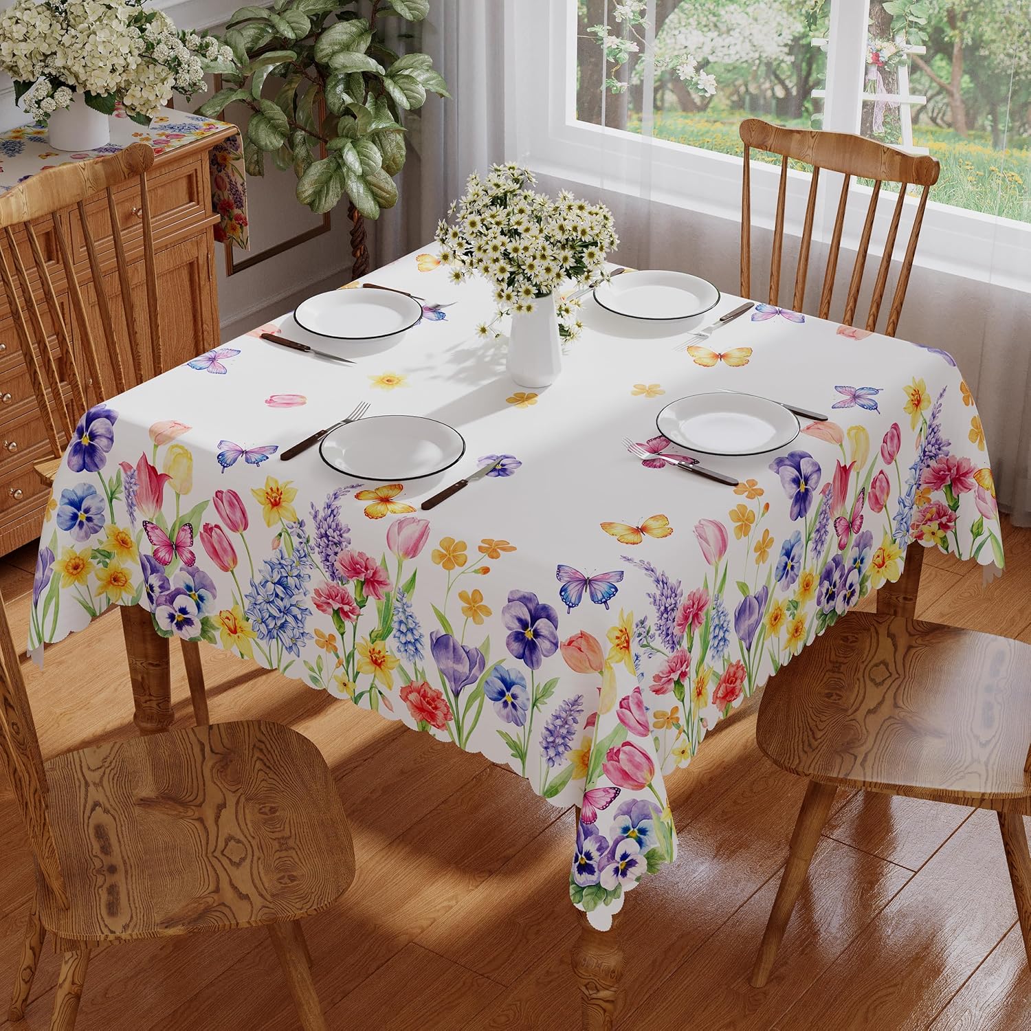 Siilues Spring Tablecloth Round 60x60 Inch, Washable Colorful Butterfly Floral Spring Table Cloth Seasonal Summer Waterproof Scalloped Edge Fabric Home Party Decorations Picnic Dining Table Cover