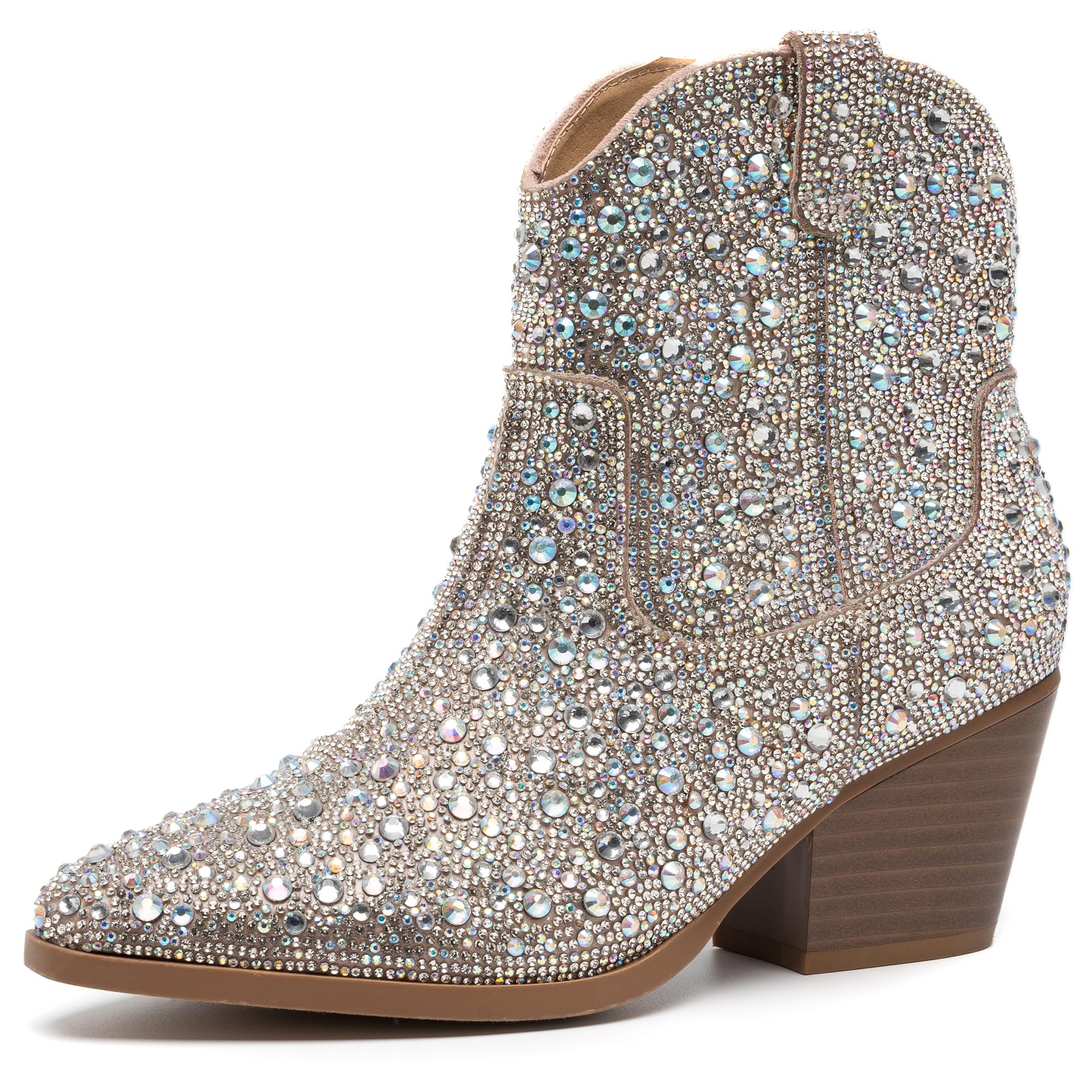 YAYONE Rhinestone Zipper Sparkly Ankle Boots - Glitter Pointed Toe Fashion Comfortable Shoes, Pull on Chunky Heel Western Boots