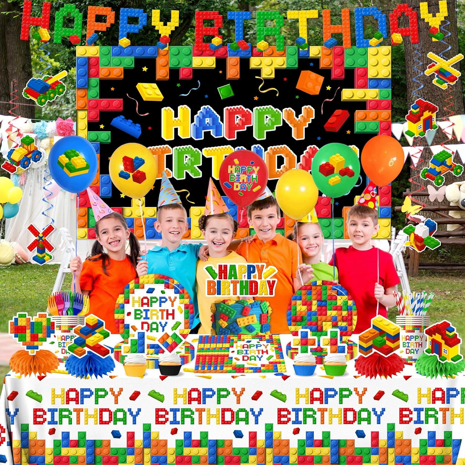 198Pcs Building Block Birthday Party Decorations with Plates, Napkins,Cups,Banner,Backdrop,Tablecloth, Balloons,Cake Toppers,Honeycombs for Boys Kids Birthday Party Supplies Serve 24 Guests