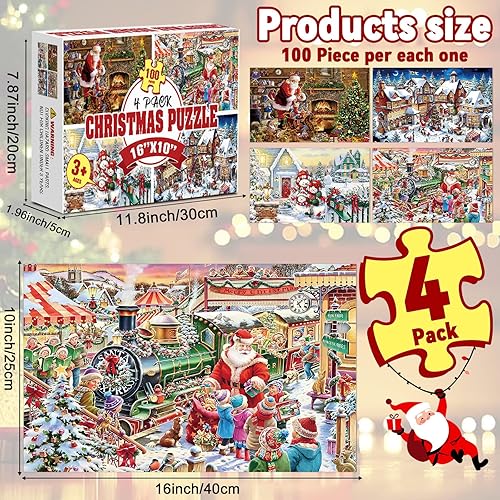 Miniatura 2 de Paquete de 4 rompecabezas de Navidad de 100 piezas para niños de 4 a 8 años, Papá Noel jugando afuera, Papá Noel, muñeco de nieve, rompecabezas de