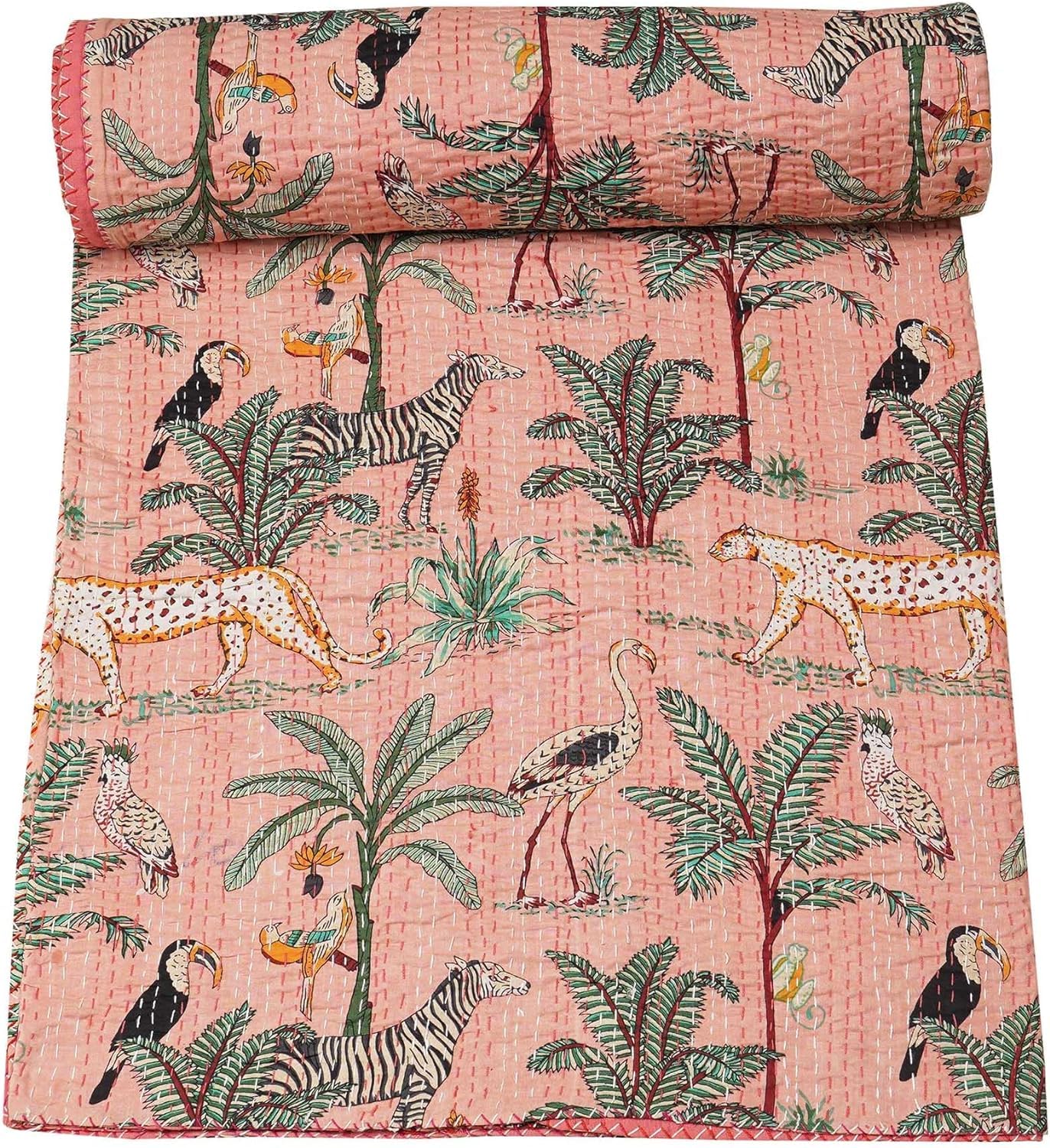 Marusthali Indian Quilts Traditional Animal Print Kantha Quilt Handmade Pure Cotton Kantha Quilt Blanket bedspreads Throw Bed Cover bedsheets (Peach, Queen 90 X 108 Inches)