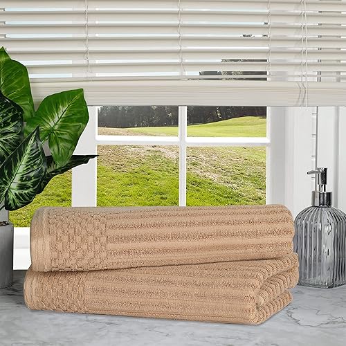 Miniatura 2 de Superior Juego de 2 toallas de baño de algodón sólido y acanalado, toallas de baño, 27 x 54 pulgadas, café