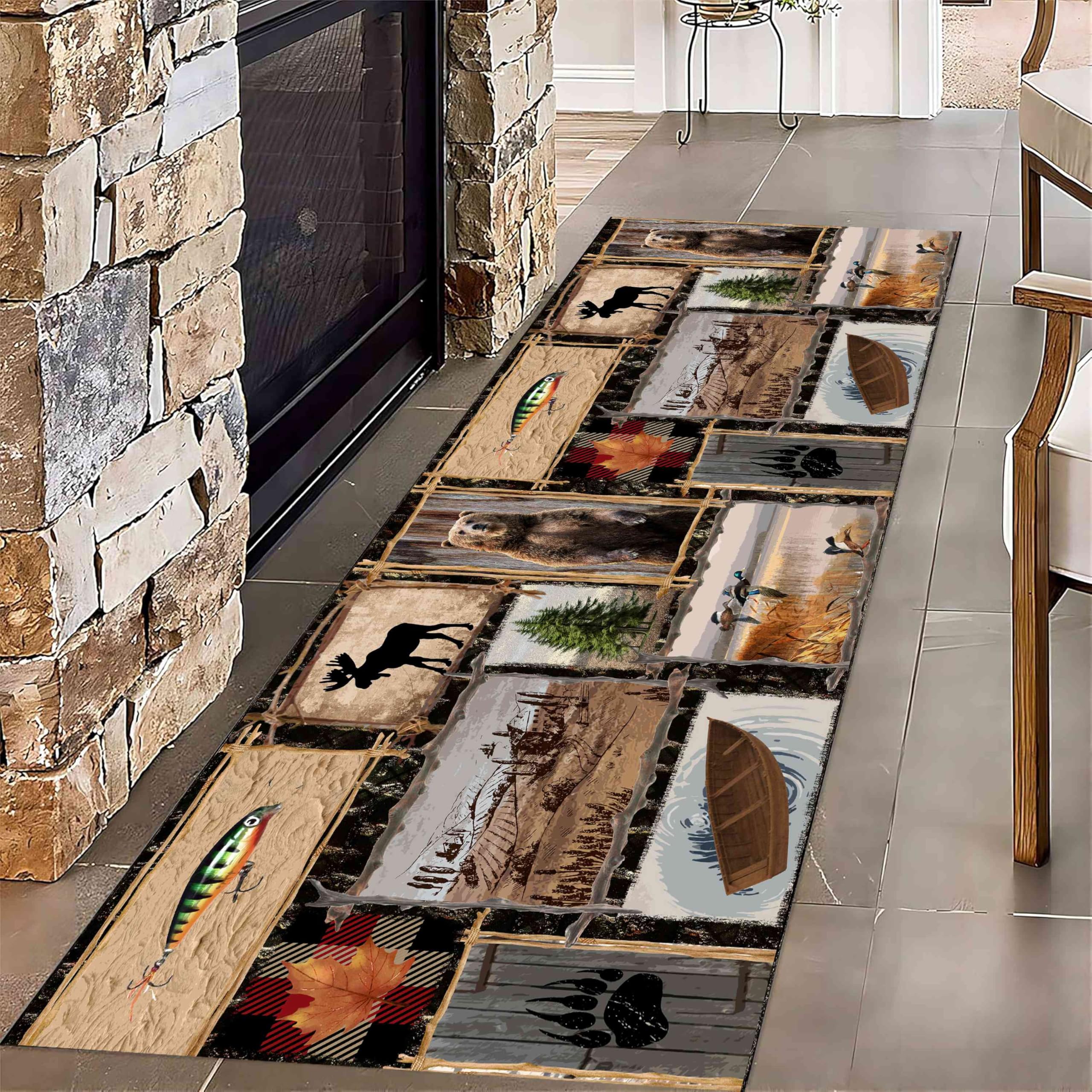 Vintage Sailboat Hallway Floor Mat, 4x12ft Jungle Animal Brown Bear & Moose Print, Rustic Farmhouse Non-Slip Mooring Entryway Kitchen Rug