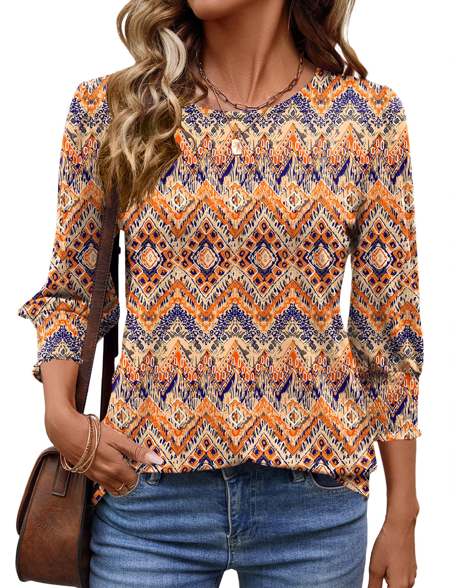IECCP Damen Bluse 3/4 Ärm Runder Ausschnitt Tunika Sommer Tops Locker Shirt Lässig 2026 Oberteil Elegant Bluse