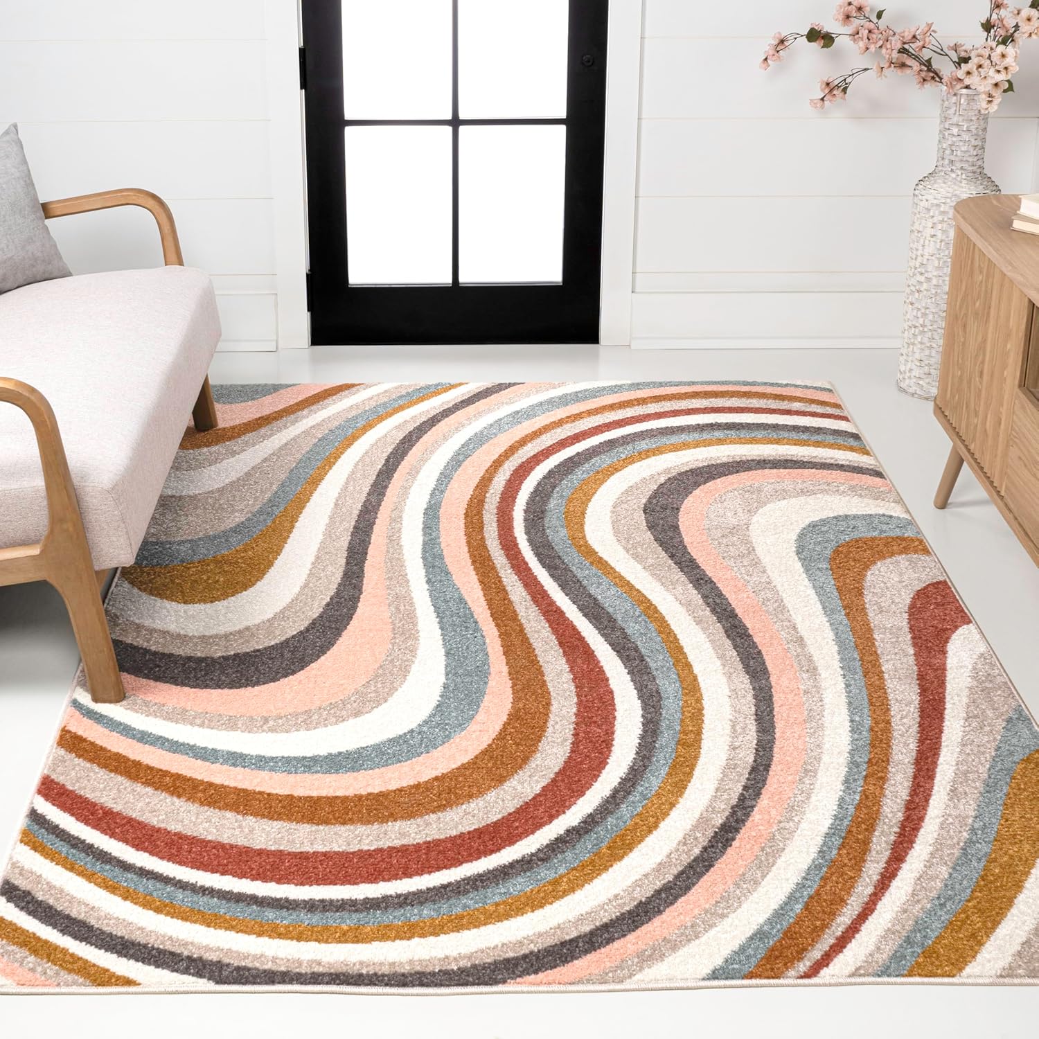 JONATHAN Y Flow Abstract Swirl Runner Rug 2x8, Red/Yellow/Blue, Modern, Coastal, Easy-Cleaning for Living Room, Bedroom, Kitchen, Pet Friendly, Non-Shedding (DZC100A-28)