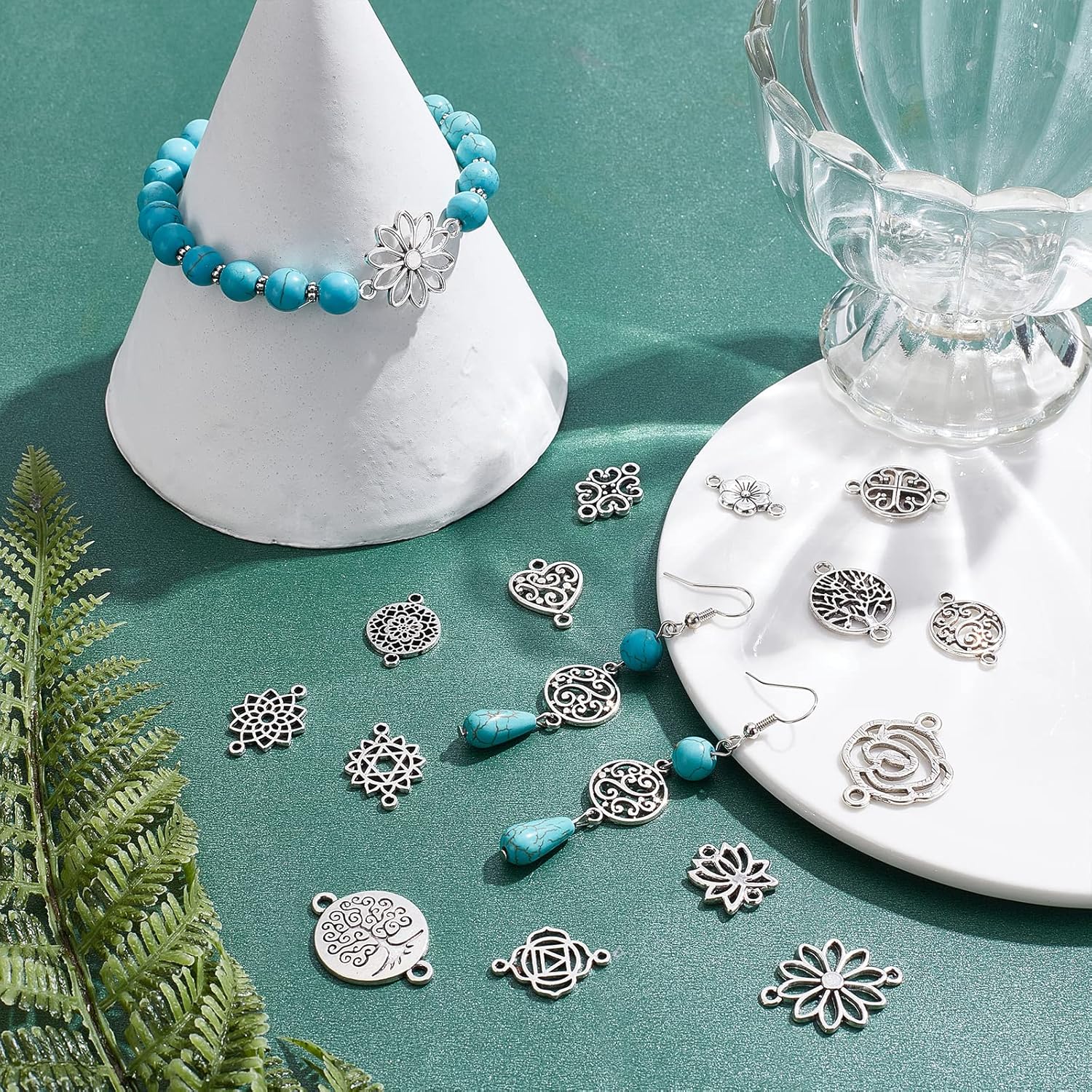 SUNNYCLUE 1 Box 84Pcs 14 Styles Tibetan Style Tree of Life Charms Bulk Hollow Rose Flower Connector Charms for Jewelry Making Linking Charm Heart Sakura Chakra Yoga Crafting Earring Bracelet Supplies - Image 5