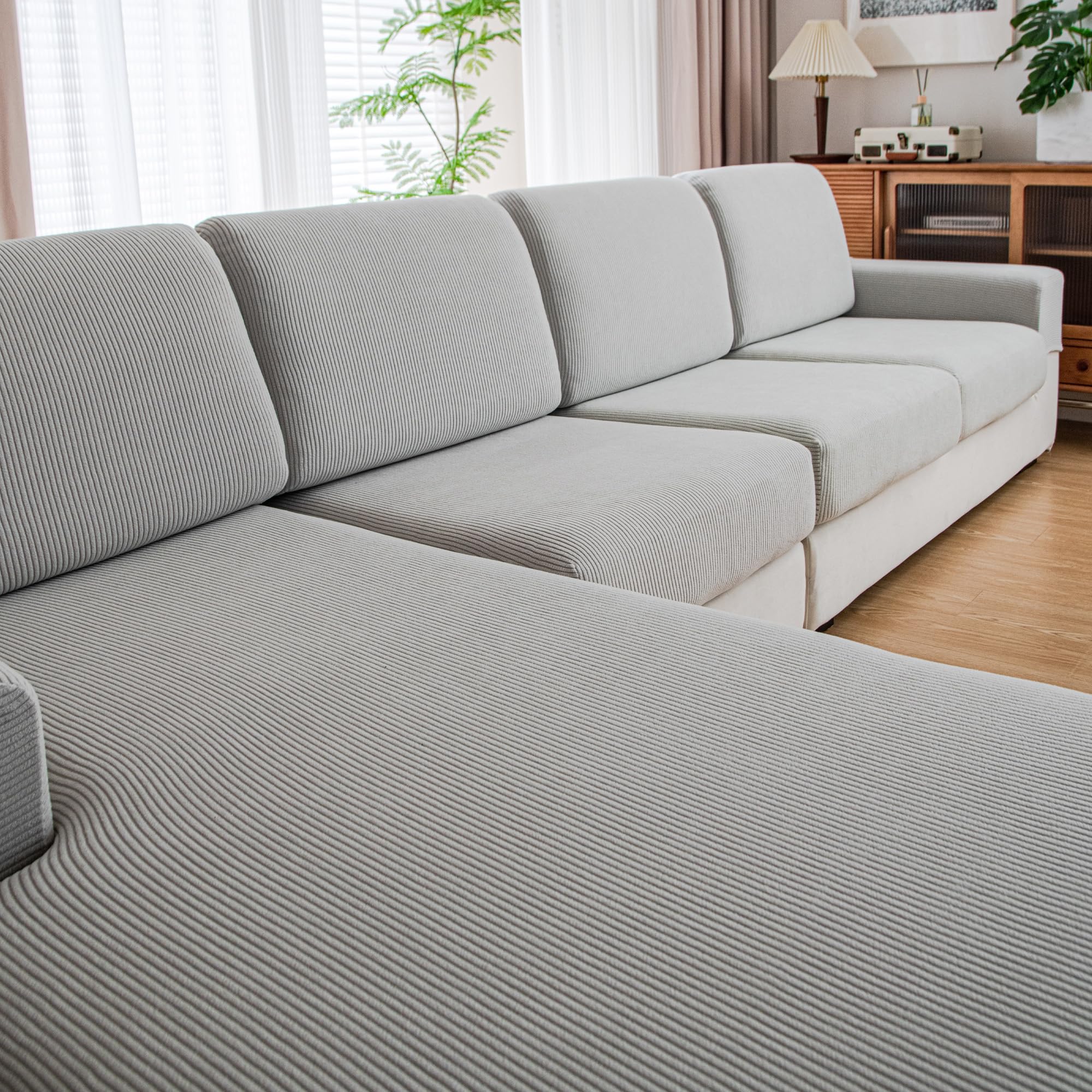 Photo 1 of QIANMEW Couch Cushion Covers, Comfort Soft Magic Sofa Covers Washable Stretch Resistant Slipcovers for Sectional and L Shaped Seats Furniture Protectors for Pets (2 Seaters+1 Chaise, Light Gray)