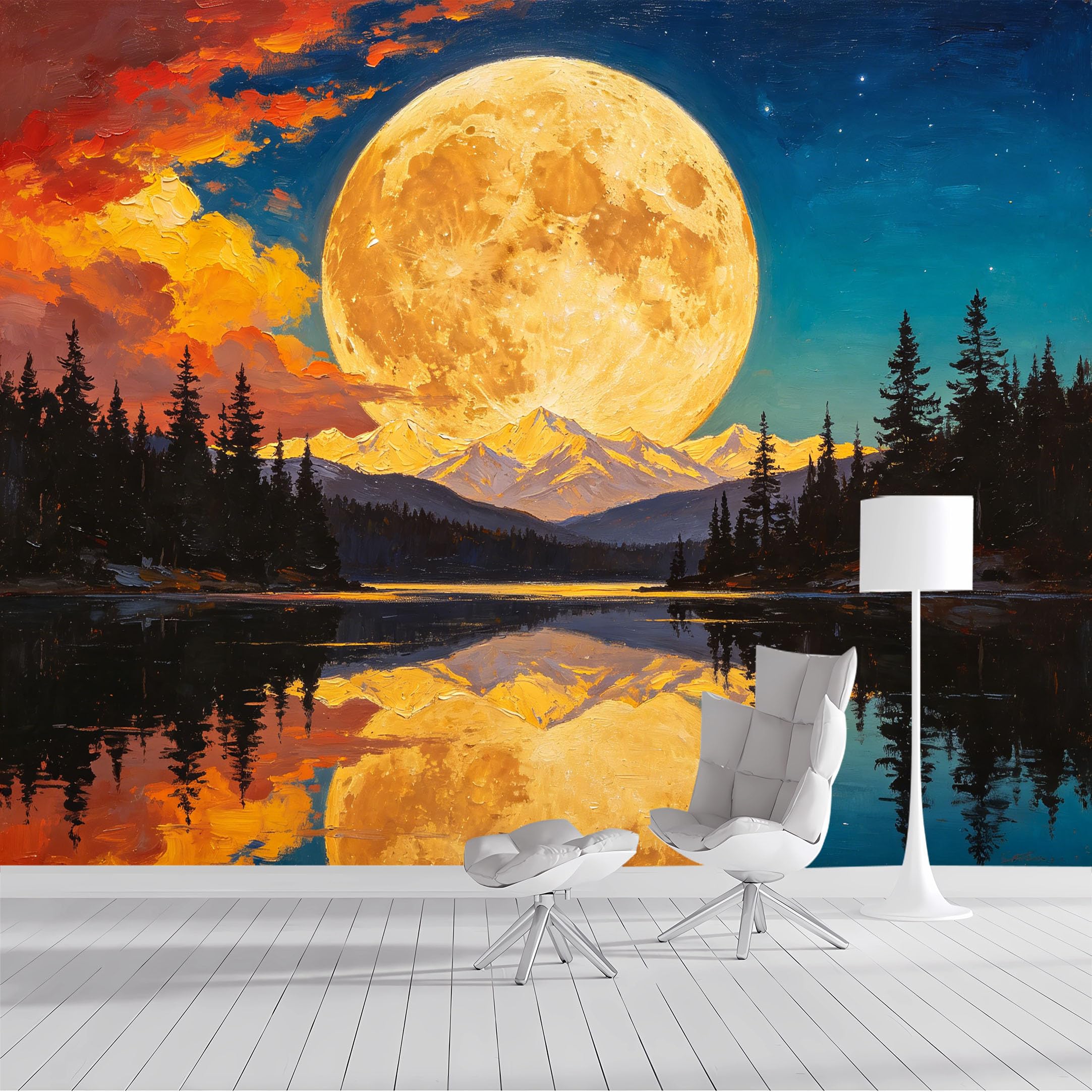 Custom Size Wall Mural Golden Full Moon Mountain Lake Sunset Forest Oil Painting Landscape SelfAdhesive Wall Fabric Removable Peel and Stick Wallpaper for Living Room Bedroom Bathroom