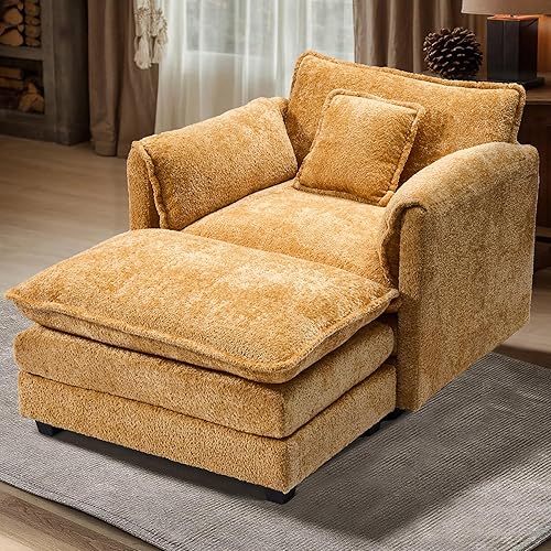 SweetGO corporation 42" Plush Single Sofa Accent Chair with Ottoman for Living Room/Bedroom, Set of 2 Modern Couch for Cozy Lounge Chair for Reading (Yellow, 42")