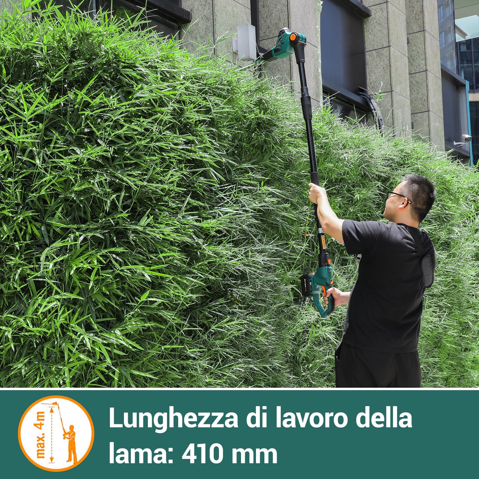 Tagliasiepi Telescopico a Batteria, Tagliasiepi a Batteria, Tagliasiepi Elettrico, Batteria 20V 4Ah e Caricabatterie, Lama 45cm, Passo 16 mm, Testa Pivotante con 7 Posizioni