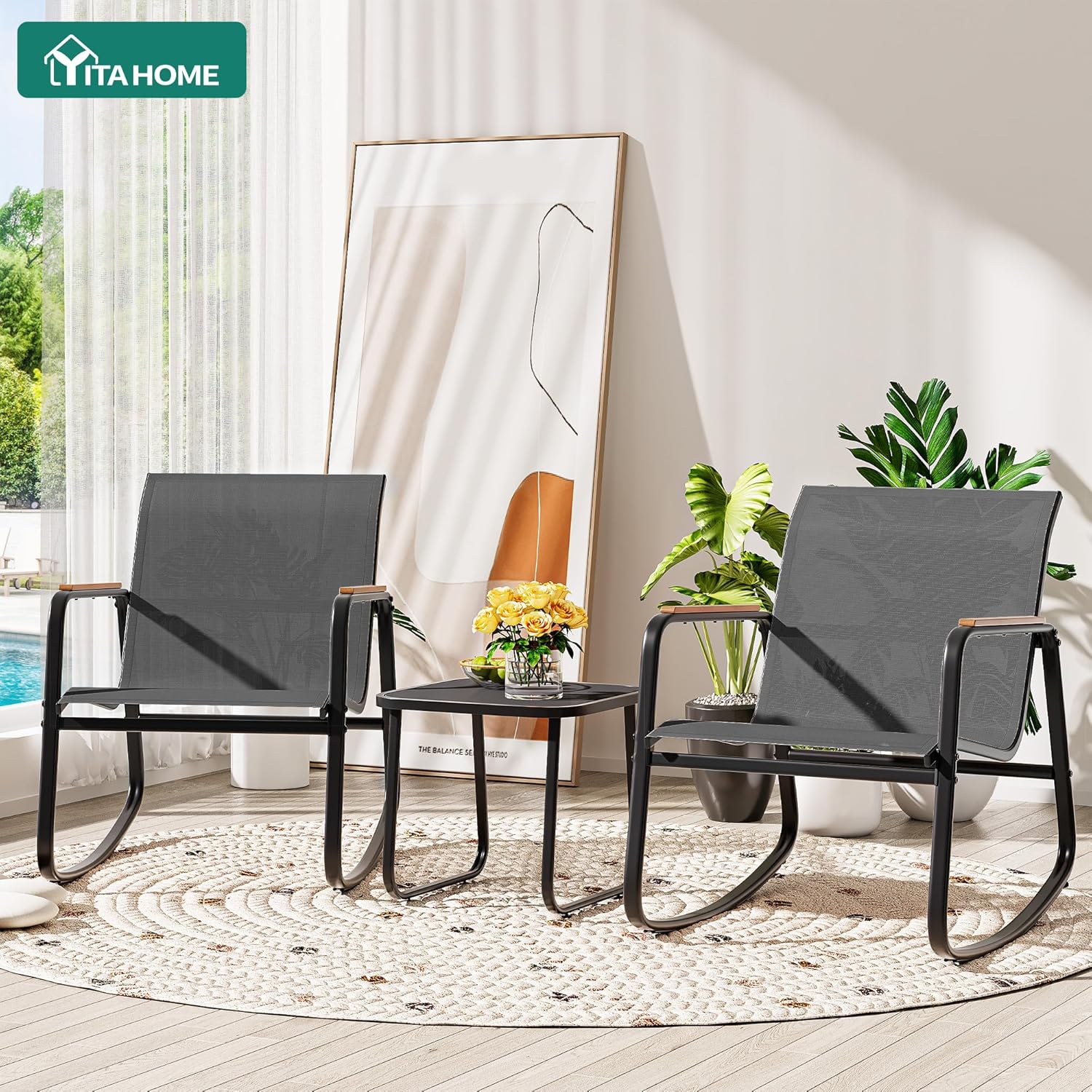 YITAHOME 3 Piece Rocking Bistro Set, Outdoor Patio Furniture Set with Wooden Armrests, Porch Chairs Set with Glass Table for Lawn, Garden, Balcony, Poolside, Dark Gray