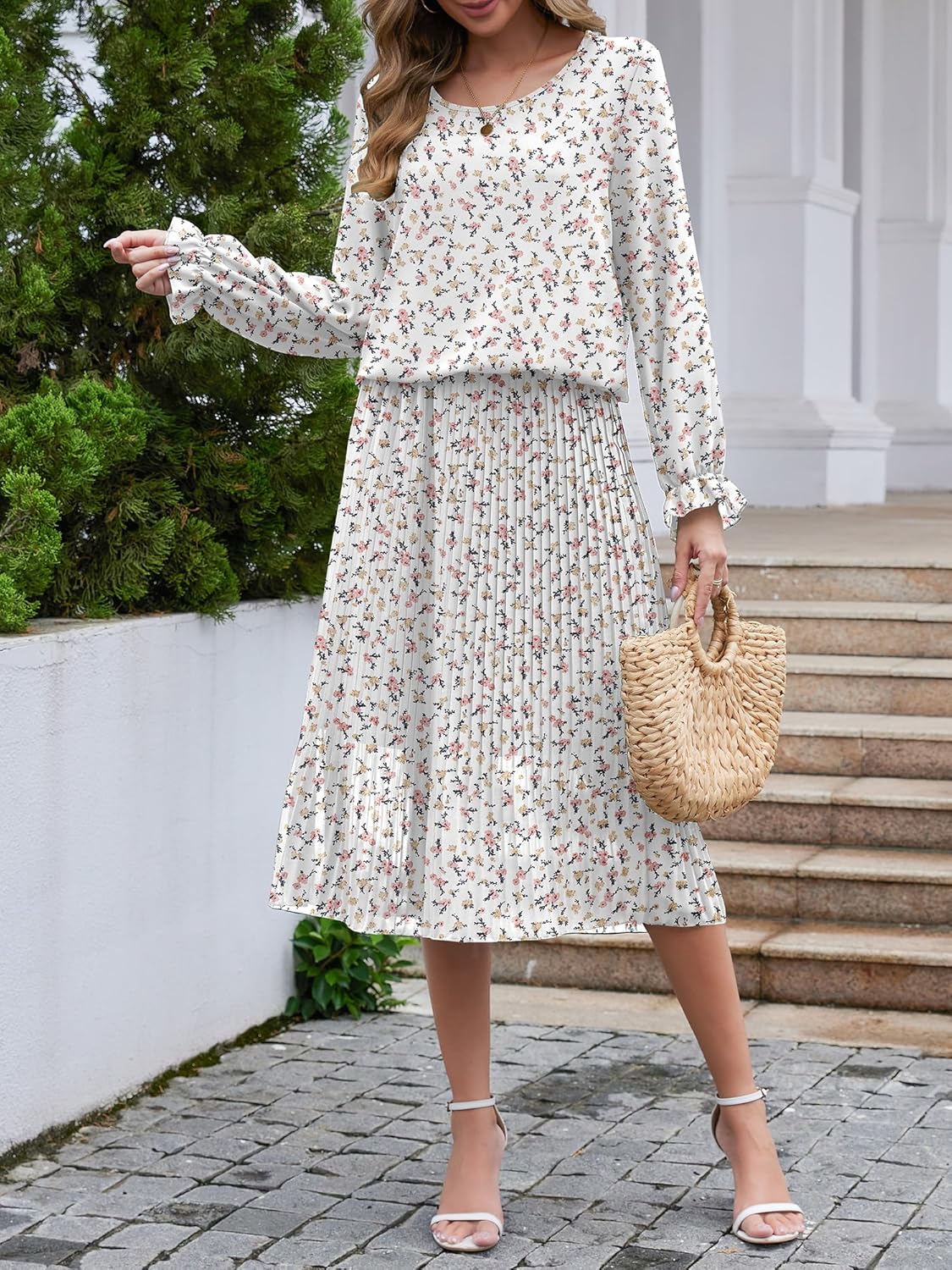 Womens Casual Midi Dress Long Sleeve Floral Chiffon A Line Flowy Vacation Dresses - Image 2
