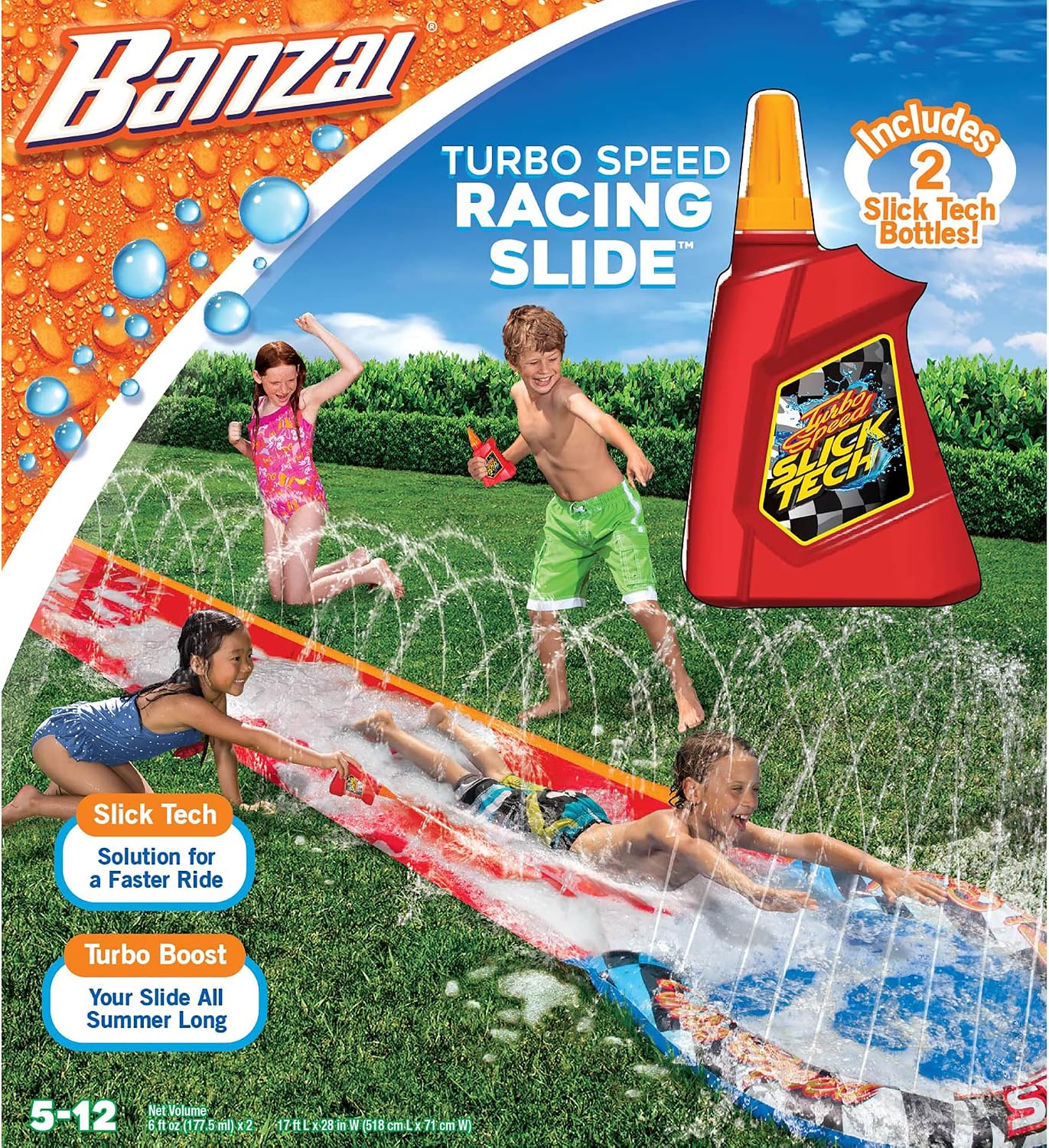 BANZAI Turbo Speed Racing Slide, Length: 17 ft, Width: 28 in, Inflatable Outdoor Backyard Water Slide Splash Toy