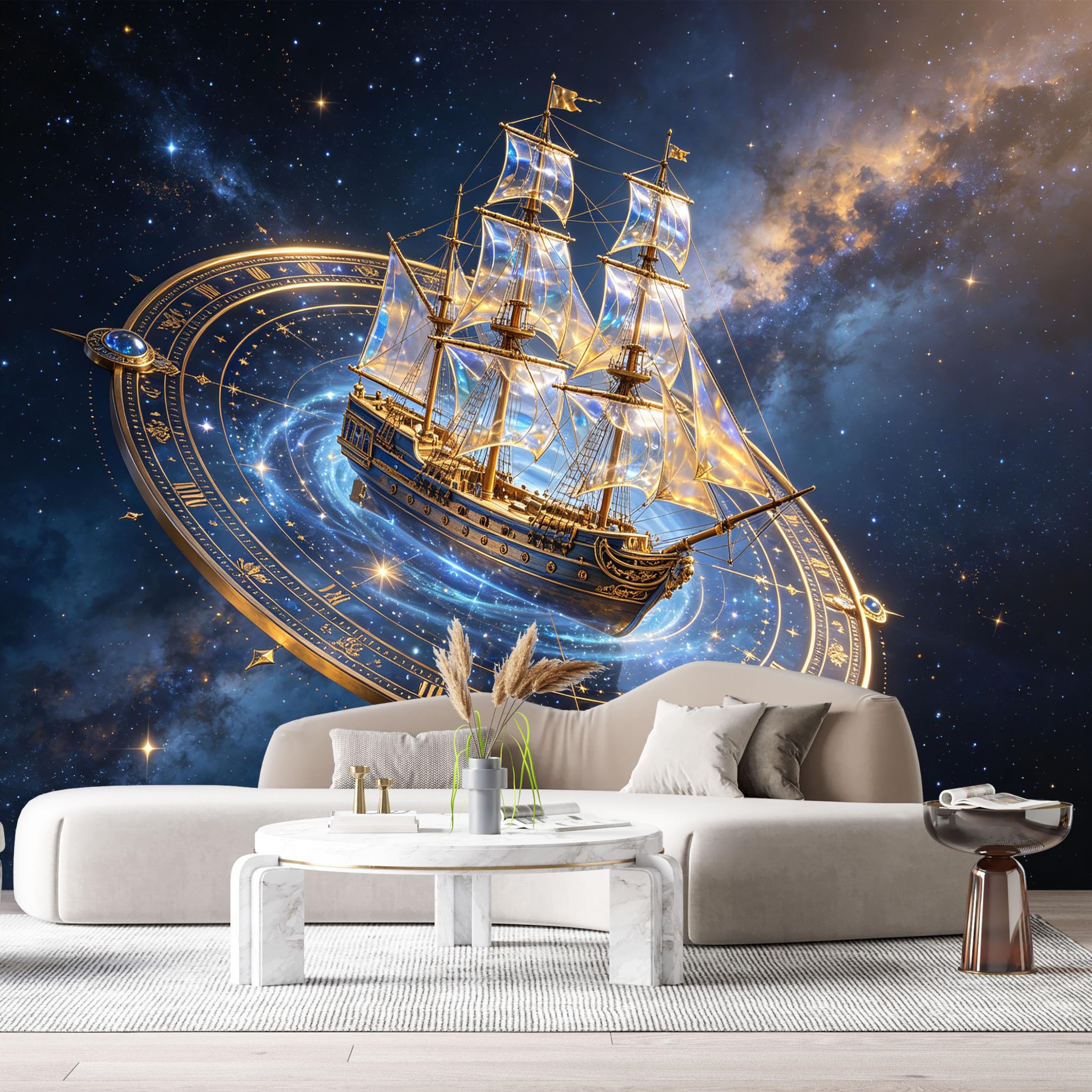 Custom Size Wall Murals 3D Abstract Sailing Ship Galaxy Celestial Compass SelfAdhesiveWall Fabric Removable Wallpaper Wall Decor for Living Room Bedroom Bathroom