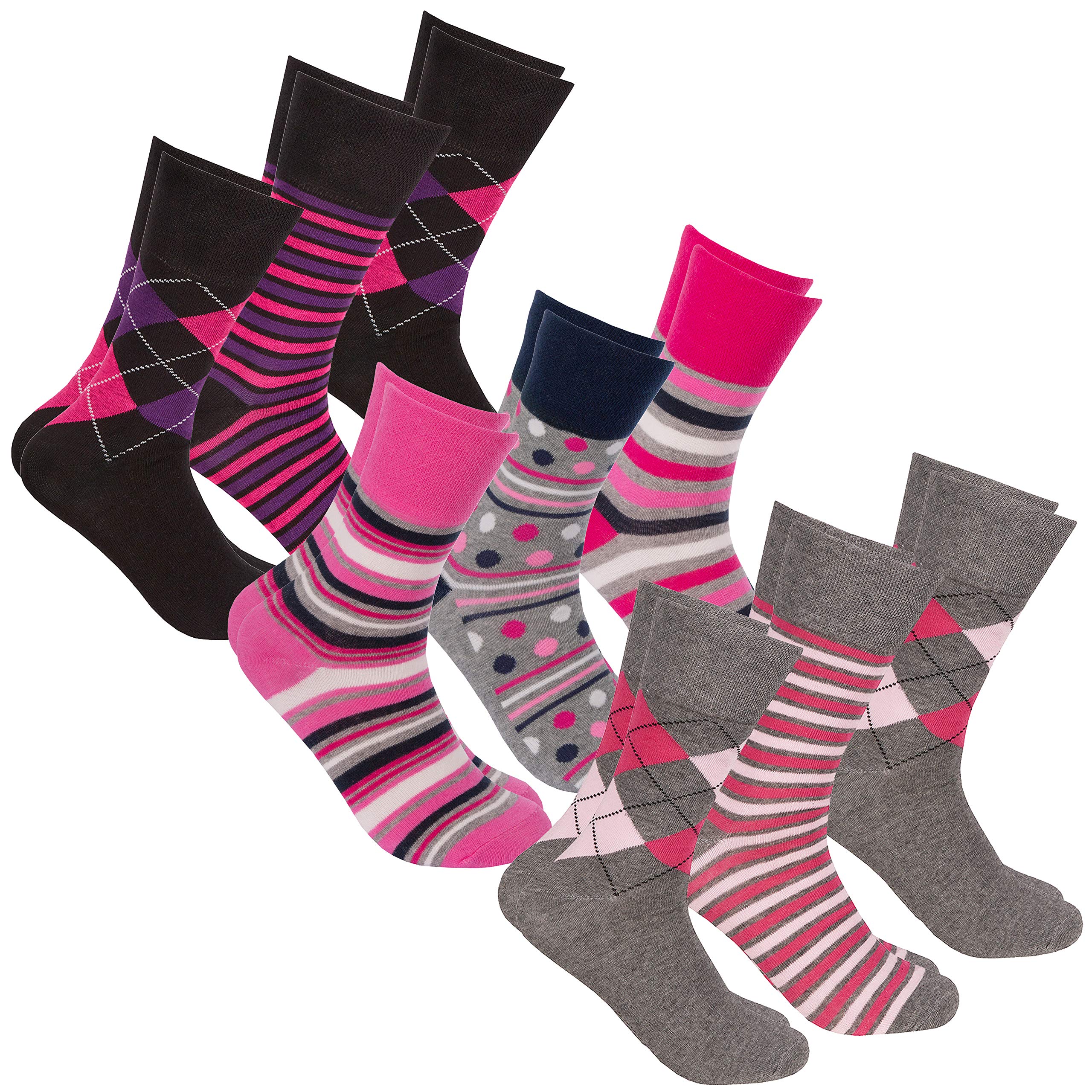 Metzuyan 9 Pairs Womens Ladies Diabetic Non Elastic Loose Top Socks Multipack Argyle Stripes 4-8