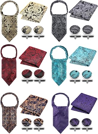 6 Set Ascot Ties for Men Silk Paisley Ascot Cravat Handkerchief Cufflinks
