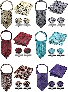 6 Set Mens Silk Ascot Ties Woven Necktie Handkerchief Cufflinks Cravat Tie Paisley Scarf Pocket Square Cufflinks Set for Business Wedding Party